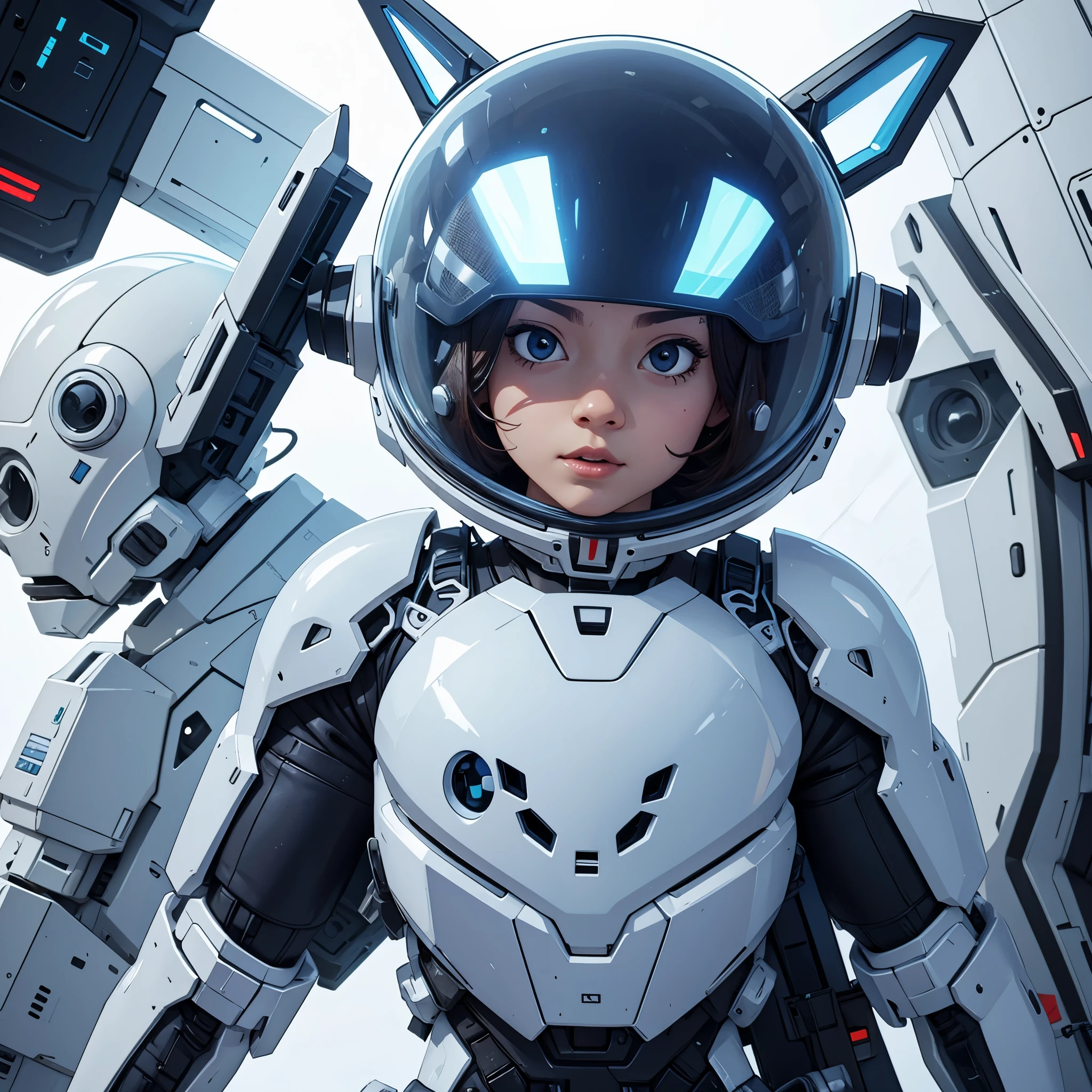 Cute alien, full frontal, transparent helmet, white mech