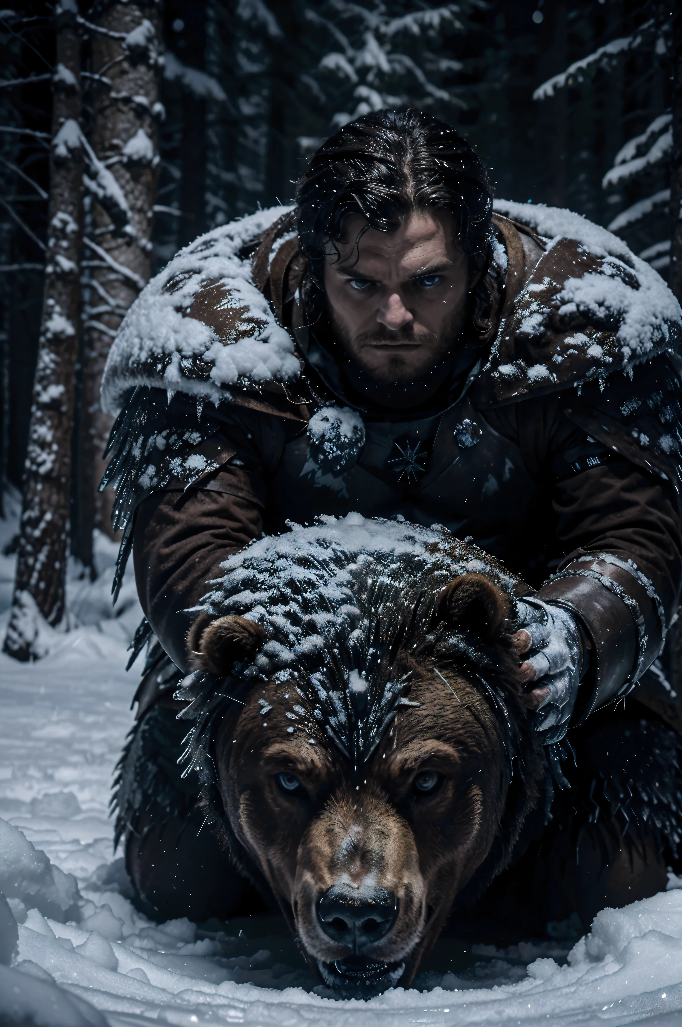 Robb Stark y el oso mutante de hielo, Epic battle between Robb Stark and the mutant ice bear., escena realista inspirada en Juego de Tronos, bosque nevado, harsh and dynamic lighting, Richard Anderson, realismo, Arte Digital, detallado e inmersivo, tonos frios y helados, Ninguno, High Definition
