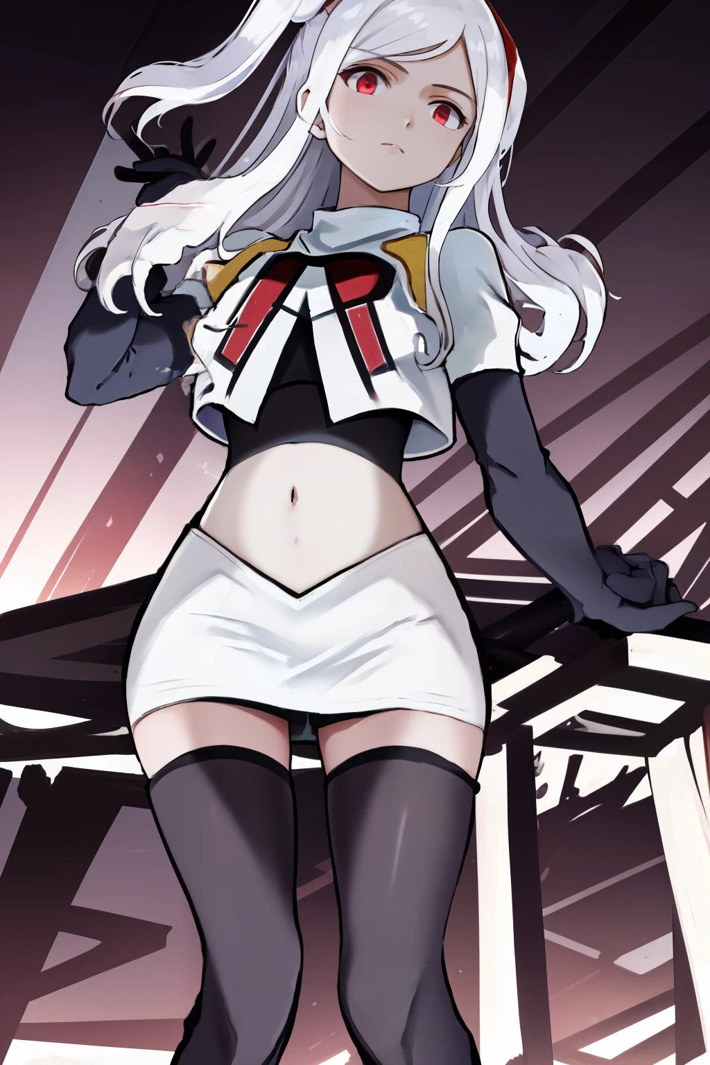 Best Quality, Ultra-Detailed, aakyoko, long hair, (lavender hair:1.3), thick thighs, thin waist, wide hips, curvy figure, side braid, blunt bangs, hair ribbon, black ribbon, high collar, brown necktie, black jacket, open clothes, long sleeves, black gloves, (black skirt:1.6), pleated skirt, (wind lift:1.2), (black hipster panties:1.5), danganronpa \(series\), (full body:1.2), (From below1.2), (from behind:1.2) standing, legs together, basement at night