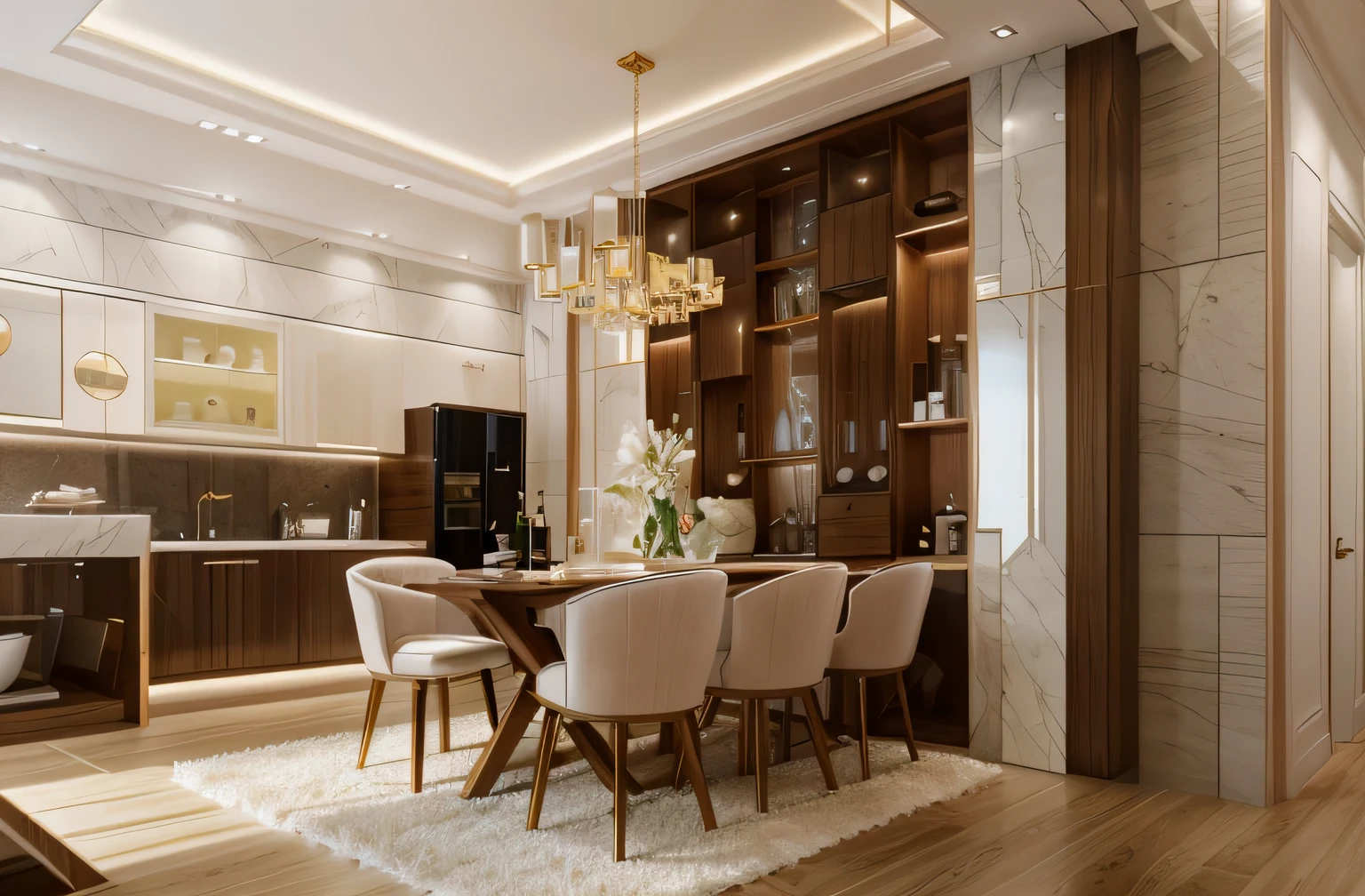 Living Room: Wall and Tabletop: The living room wall is covered in Calacatta marble, displaying an exquisite and luxurious appearance. Additionally, an intricately designed marble table set with artistic patterns serves as the centerpiece. Sofa and Chairs: The premium velvet sofa and chairs in pastel lavender color create a soft and comfortable atmosphere. They are adorned with meticulously crafted fabric cushions featuring delicate floral patterns. Coffee Table and Decor: A natural oak wood coffee table with a marble centerpiece, complemented by decorative elements like copper-toned decorative lamps and high-quality glass decorative boxes. Lighting: Elegant crystal or glass chandeliers suspended from the ceiling, paired with concealed LED lights beneath the staircase steps, create a warm and romantic ambiance. Kitchen - Dining Area: Kitchen Cabinet and Dining Table: The kitchen cabinets crafted from walnut wood showcase elegant lines, while the bright white cabinet doors contrast beautifully. The dining table surface is either Carrara marble or luxurious granite. Appliances and Decor: High-end stainless-steel kitchen appliances harmonize with modern artworks hanging on the walls, offering minimal yet sophisticated focal points. Bedroom: Bed and Decor: The walnut or oak wood bed features an LED system beneath the headboard, creating a focal point. Luxurious cotton bedding and pillows adorn the bed. Wardrobe: A natural oak wood wardrobe with reflective mirrors creates a sense of spaciousness and openness. Glass Frame: Large floor-to-ceiling glass frames allow natural light to permeate, fostering a relaxing ambiance. Bathroom: Materials and Decor: Walls and floors adorned with characteristic veined marble, along with a high-end oval-shaped ceramic bathtub positioned centrally, accompanied by modern sanitary fixtures. Workspace Area: Desk and Chair: A oak wood desk paired with a high-quality Italian leather chair forms a luxurious and professional workspa
