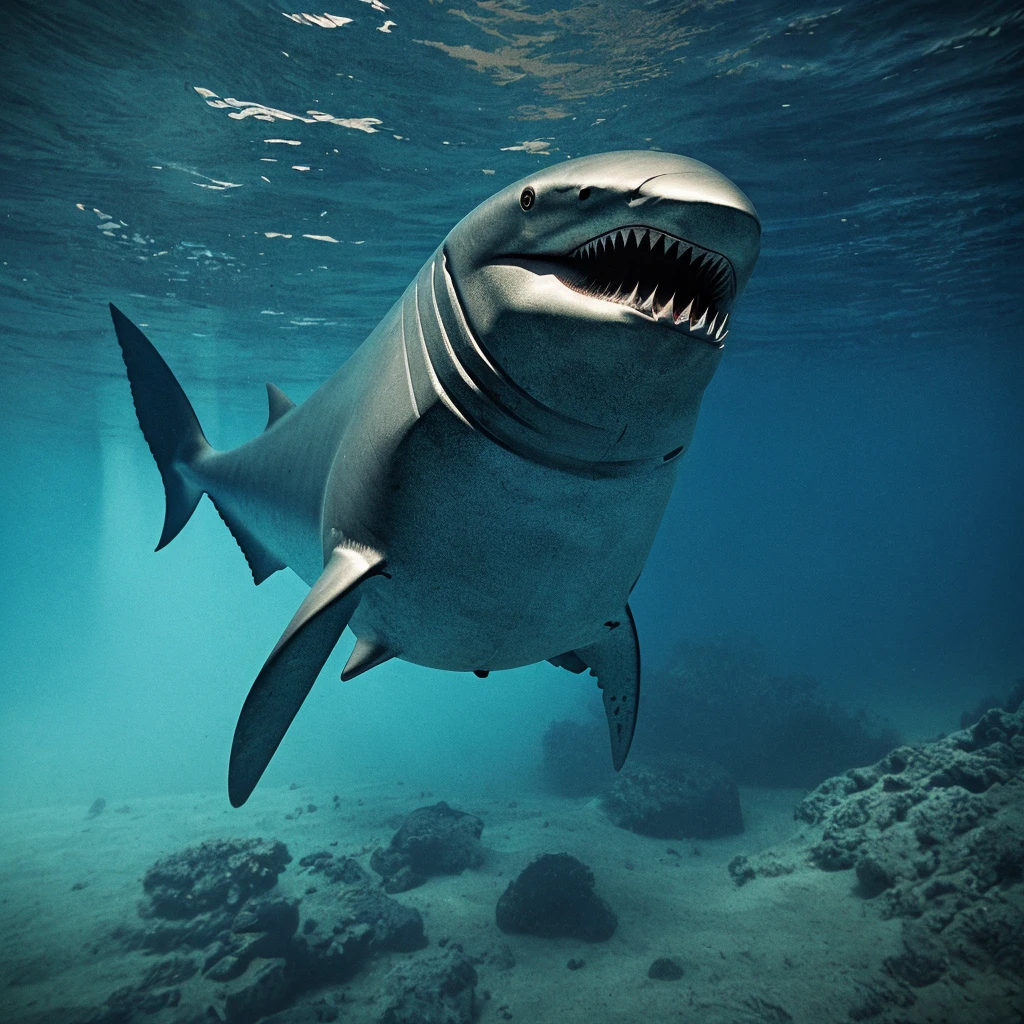 a robotic shark underwater, shiny metallic texture, realistic details, sharp teeth, glowing red eyes, powerful hydraulic fins, articulated jaw mechanism, high-quality 3D rendering, sci-fi concept, dark and mysterious atmosphere, blue color palette, dramatic lighting