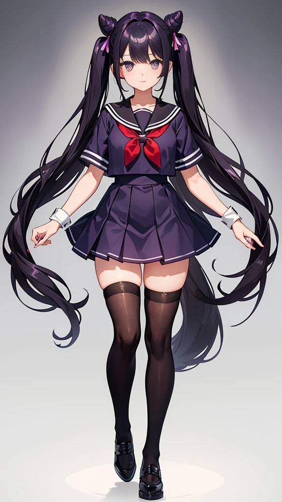 young girl, long dark purple or black hair, purple eyes, black school uniform,sailor suit、thighs，knee high socks，short sleeve， masterpiece, high quality, High resolution, HD, 4K、thighsから上のカット、beautiful eyes、bun hair、twin tails