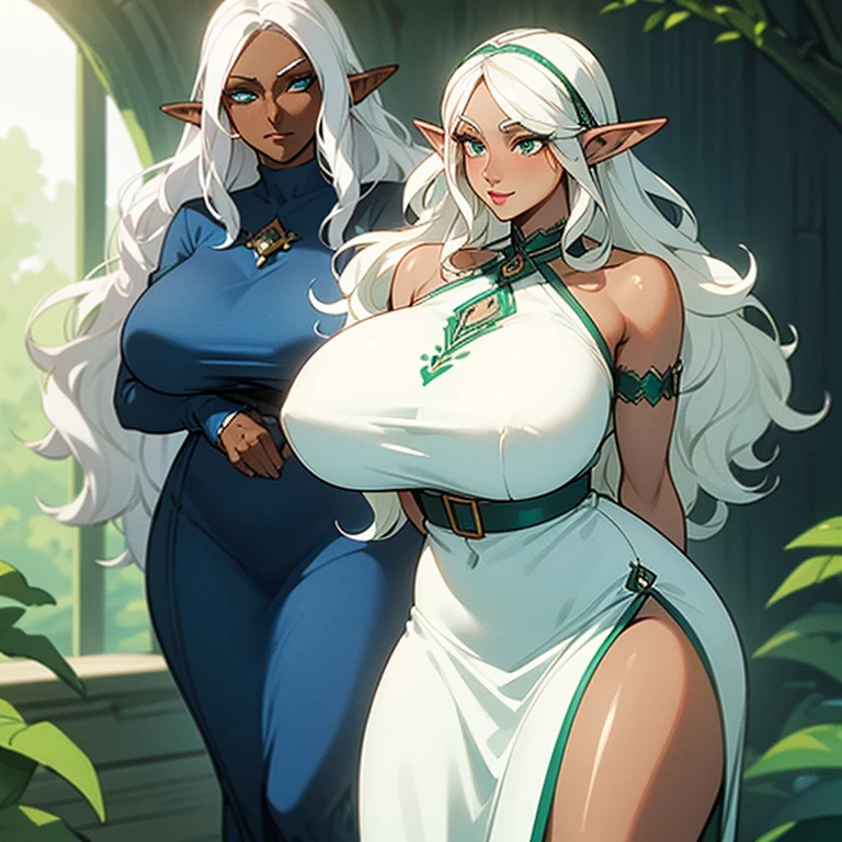 (((An elf milf woman alone))),(((Dark Skin))),(((Blue and green eyes))),(((wavy white hair))),((curvy body)), (((nice dress)))