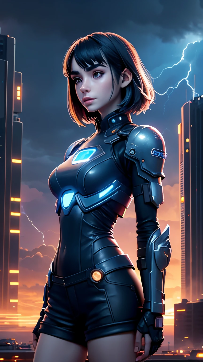 Lily Collins,Tall figure，skin，Upper body shorts，Medium shorts，Complex workmanship，icon，company logo，Emit blue light，background with，future technology，cyberpunk city，Large mechanical building，big gear，doomsday ruins，giant tornado，Blue sky and white clouds，lightning thunder，sunset fire clouds，multiple planets，end of the world，giant tornado