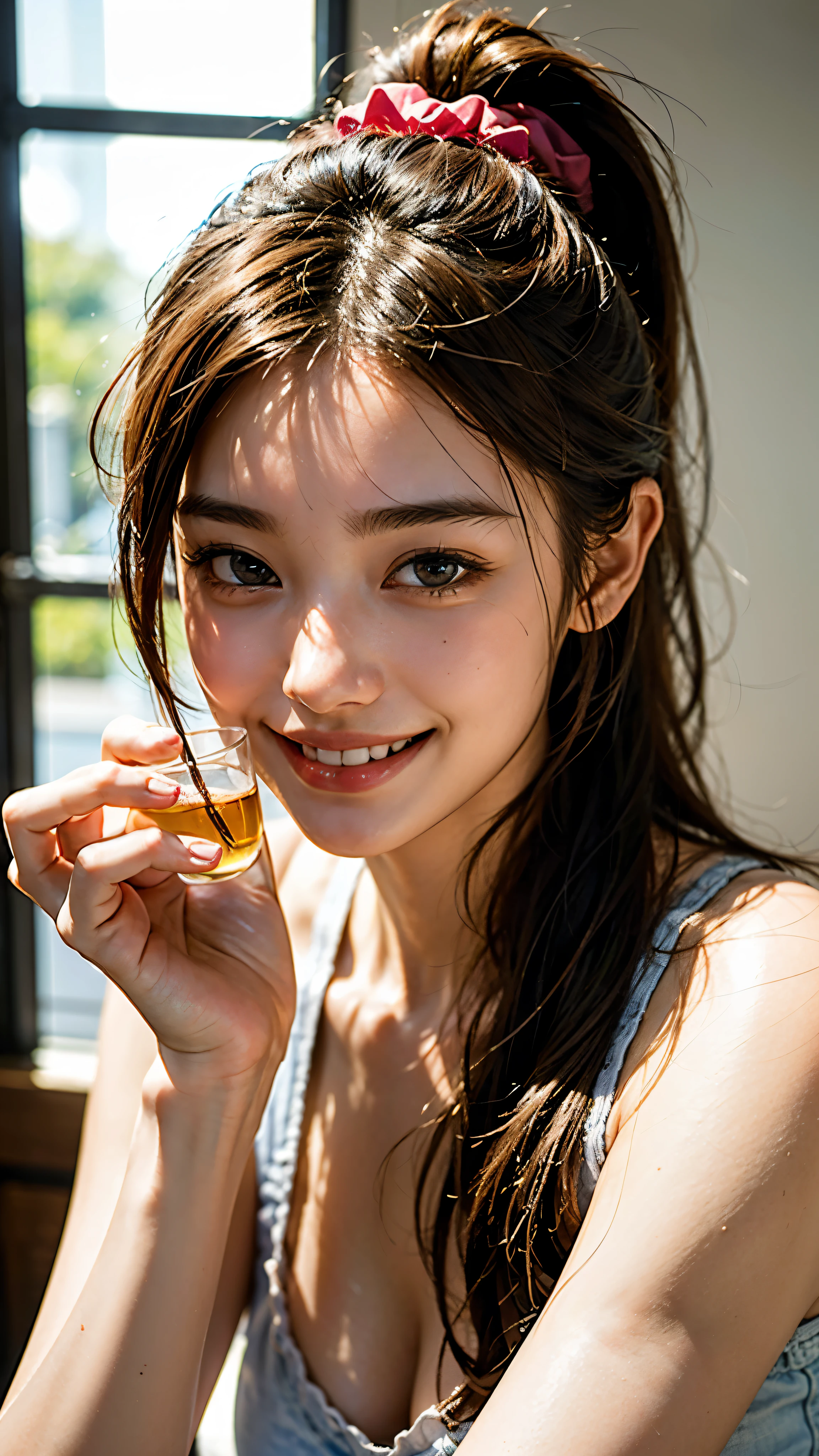 highest quality, masterpiece, ultra high resolution, (realistic:1.4), (close portrait) RAW photo, 1 girl, high school girl, hold a glass, masterpiece, realistic pictures, japanese pictures, fuji negative film, saturation, contrast, Pocari Sweat Advertisement ((small breasts)),((smile showing teeth)),Ponytail and scrunchie