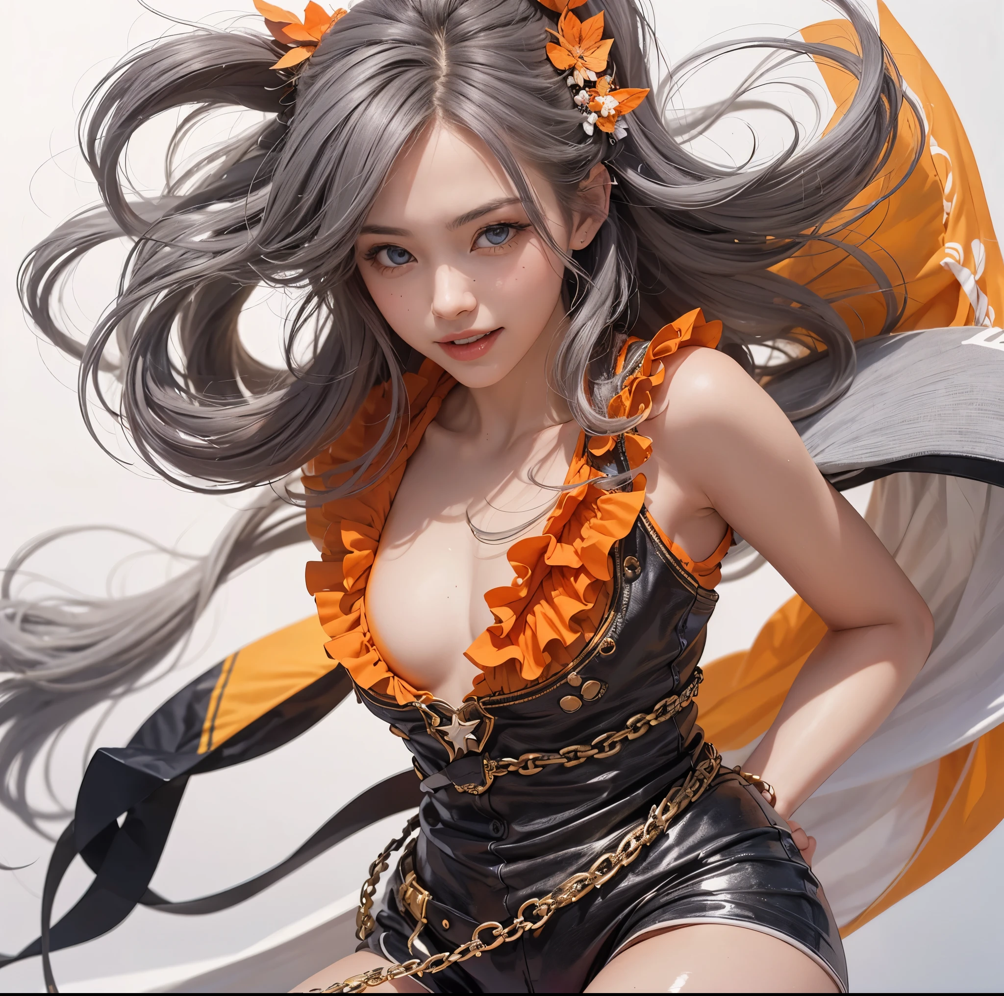 (illustration:1.2), (official art), (gorgeous, elegant, luxury), (beautiful still life painting art), ultra detailed, beautiful, masterpiece, best quality, 
_
BREAK (1girl:1.2), 22 years old, 160 cm, Japanese cute model, Tightened all body, medium Breasts, small head, small face, diamond Face, small nose, Sharp Faceline, Detailed face, Detailed eyes, young hands and fingers, beautiful hands and fingers, five fingers, 
_
BREAK (happy, smile, Glossy Lips:1.4), (Light color lips, Half open mouth, beautiful Teeth:1.2), (dropy eyes, Double eyelid, light color eyes, Shiny eyes:1.5), Shiny skin, 
_
BREAK (arranged hairstyle:1.6), (gray hair:1.2), shiny hair, Detailed hair,
_
 BREAK (White and orange theme:1.7), (cute white background), (blurry background:1.7),
_
BREAK (cowboy shot:1.7), (idol pose:1.2), 
_
BREAK (idol "SOUTH WIND" costume theme:1.4), Running through the crowd at full speed,
Holding hands, we laughed together,
Your hair, dyed in the sunset,
Carried the scent of mandarins,
BREAK 
On this unknown path,
Riding the southern wind, we dash through,
To seize freedom,
Now, it begins,
BREAK 
Mikan Revolution,
The heart running towards a shining future can't be stopped,
Shout out, this voice, to the limits,
Because there's nothing left to lose,