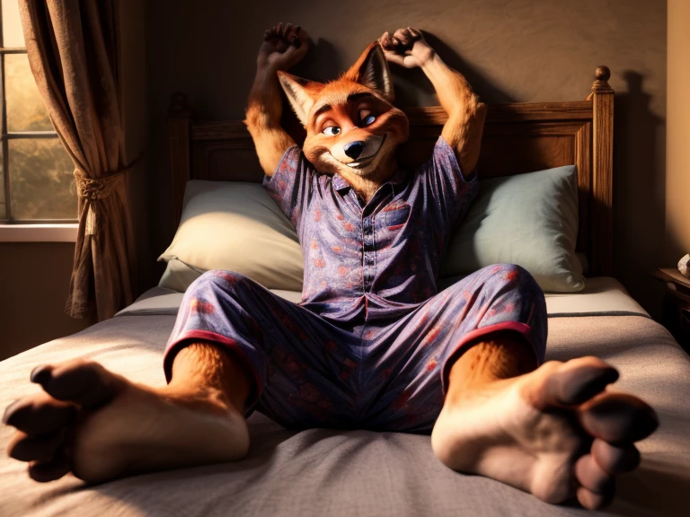 high resolution, best quality, masterpiece, perfect colors, perfect shadows, perfect lighting, Barefoot hypnotised Nick Wilde is lying on a bed with his arms and legs spread, wearing black pyjamas, handcuffed to the bed by his wrists and ankles, detailed nice big paws with claws and toe ring, in a trance, a look of weak resistance to hypnosis on his face, drooling, green glow in his eyes, visible soles. anatomically correct, super detail, nice big paws with pawpads