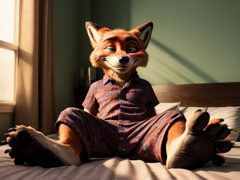 high resolution, best quality, masterpiece, perfect colors, perfect shadows, perfect lighting, Barefoot hypnotised Nick Wilde is lying on a bed with his arms and legs spread, wearing black pyjamas, handcuffed to the bed by his wrists and ankles, detailed nice big paws with claws and toe ring, in a trance, a look of weak resistance to hypnosis on his face, drooling, green glow in his eyes, visible soles. anatomically correct, super detail, nice big paws with pawpads