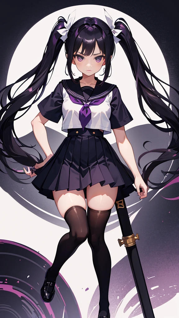 young girl, long dark purple or black hair, purple eyes, black school uniform,sailor suit、thighs,knee high socks,short sleeve, masterpiece, high quality, High resolution, HD, 4k、thighsから上のカット、beautiful eyes、bun hair、