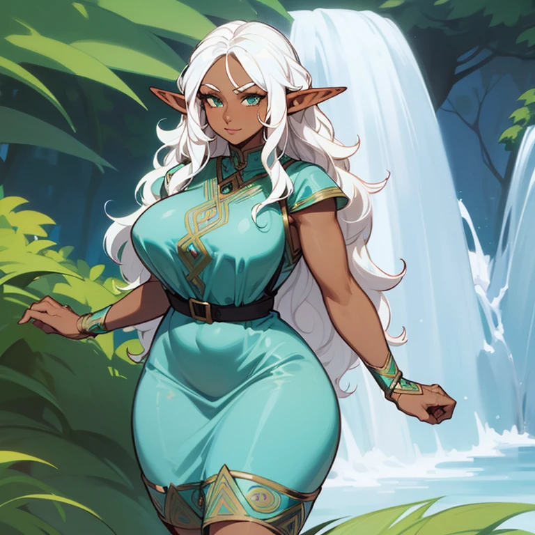 (((An elf milf woman alone))),(((Dark Skin))),(((Blue and green eyes))),(((wavy white hair))),((curvy body)), (((nice dress)))