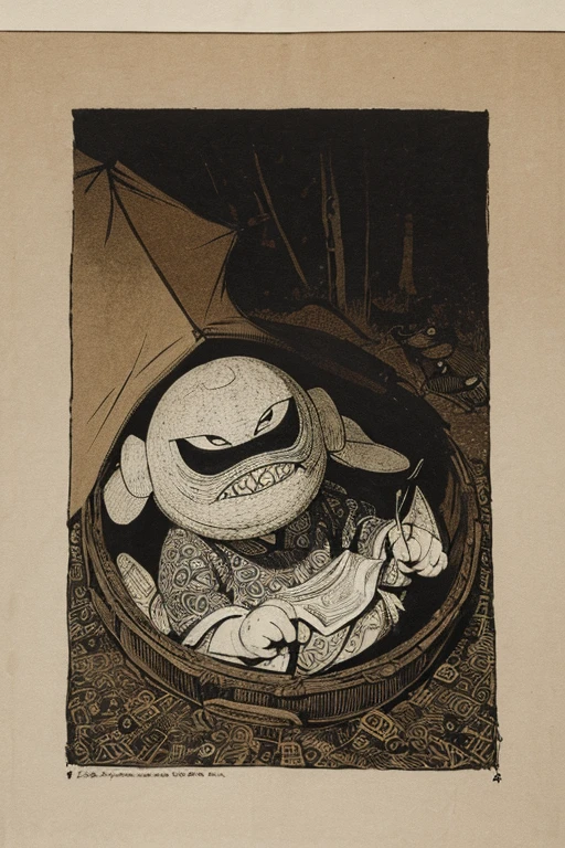 ((jumpscare)), Outline warm color, ((festival)), ((Chojugiga)), ((Shihon Bokuga)), antique, (anthropomorphism), (Sumi-e), Monochrome art, (Old paper style illustration), (hunting paintingural style, Little monster, old performance, variational pointillism, flat illustration, eerie, horror elements, eerie worldview, (primitive art), Outline warm color, old picture scroll style, old staging, Ancient mural style