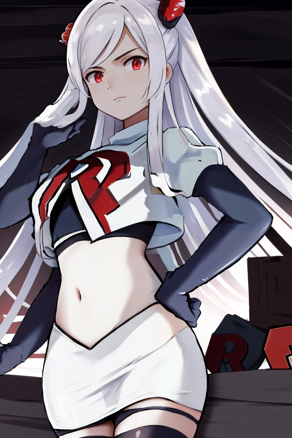 masterpiece, best quality, highres, 1girl hair ornament, team rocket,team rocket uniform, red letter R, white skirt,white crop top,black thigh-highs,black elbow gloves,