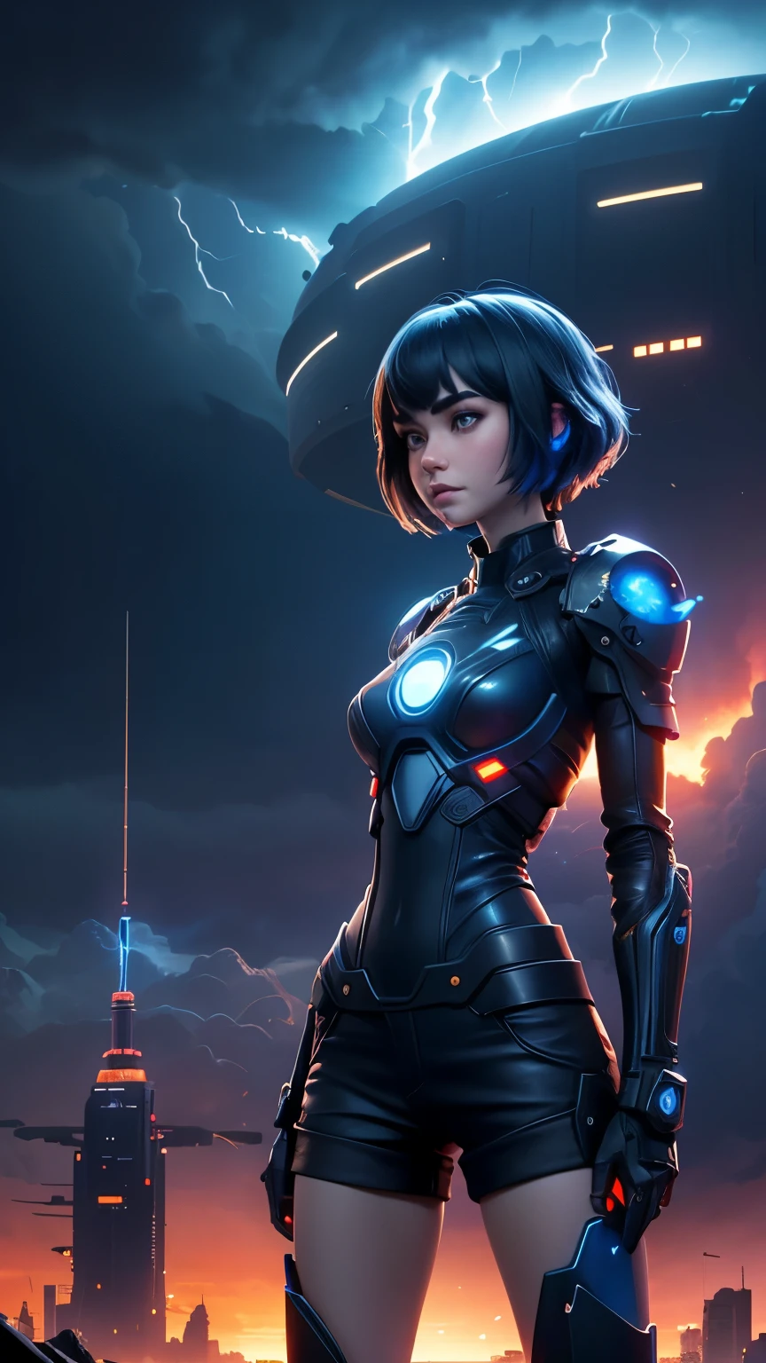 Lily Collins,Tall figure，skin，Upper body shorts，Medium shorts，Complex workmanship，icon，company logo，Emit blue light，background with，future technology，cyberpunk city，Large mechanical building，big gear，doomsday ruins，giant tornado，Blue sky and white clouds，lightning thunder，sunset fire clouds，multiple planets，end of the world，giant tornado