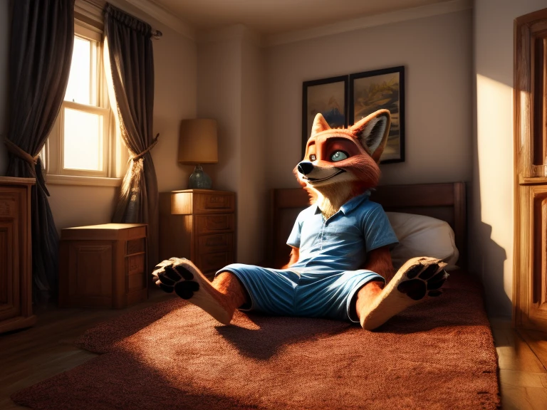 high resolution, best quality, masterpiece, perfect colors, perfect shadows, perfect lighting, Barefoot hypnotised Nick Wilde is lying on a bed with his arms and legs spread, wearing black pyjamas, handcuffed to the bed by his wrists and ankles, detailed nice big paws with claws and toe ring, in a trance, a look of weak resistance to hypnosis on his face, drooling, green glow in his eyes, visible soles. anatomically correct, super detail, nice big paws with pawpads