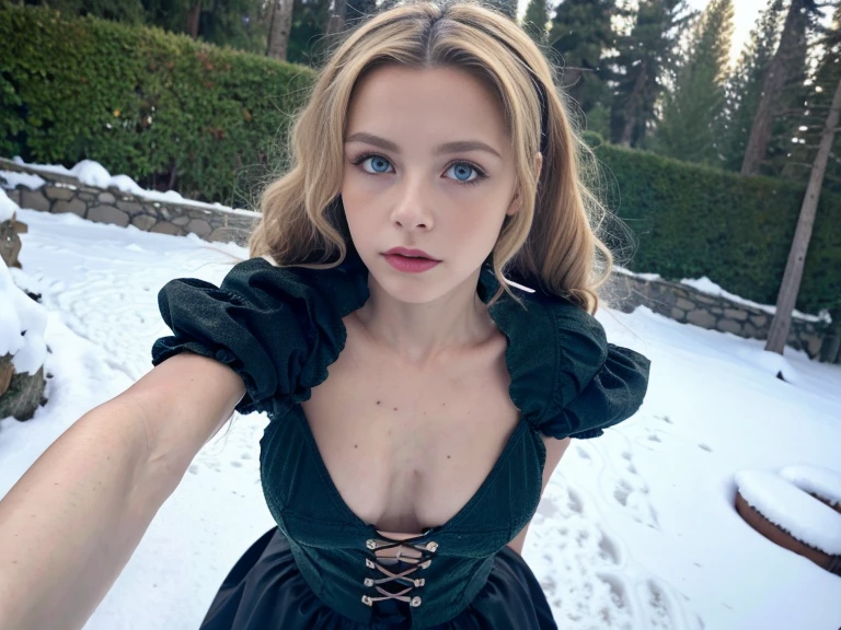 Pretty cute girl,huge natural breasts, blonde golden hair curly/flowing, detailed dark BLUE eyes and face, not to skinny, naughty smile, make it ultra-realistic, western european girl, in the snow in the mountains, clothing colour needs to be anything but green, extremely detailed blue eyes, extremely long wavy goldemn hair, extremely long hair with 2 ponytails, extremely detailed blue eyes, wearing a wrath, detailed photo - 8K, Extremely high quality, extremely long golden hair with 2 ponytails, extremely realistic, naked ass, santa claus' dress