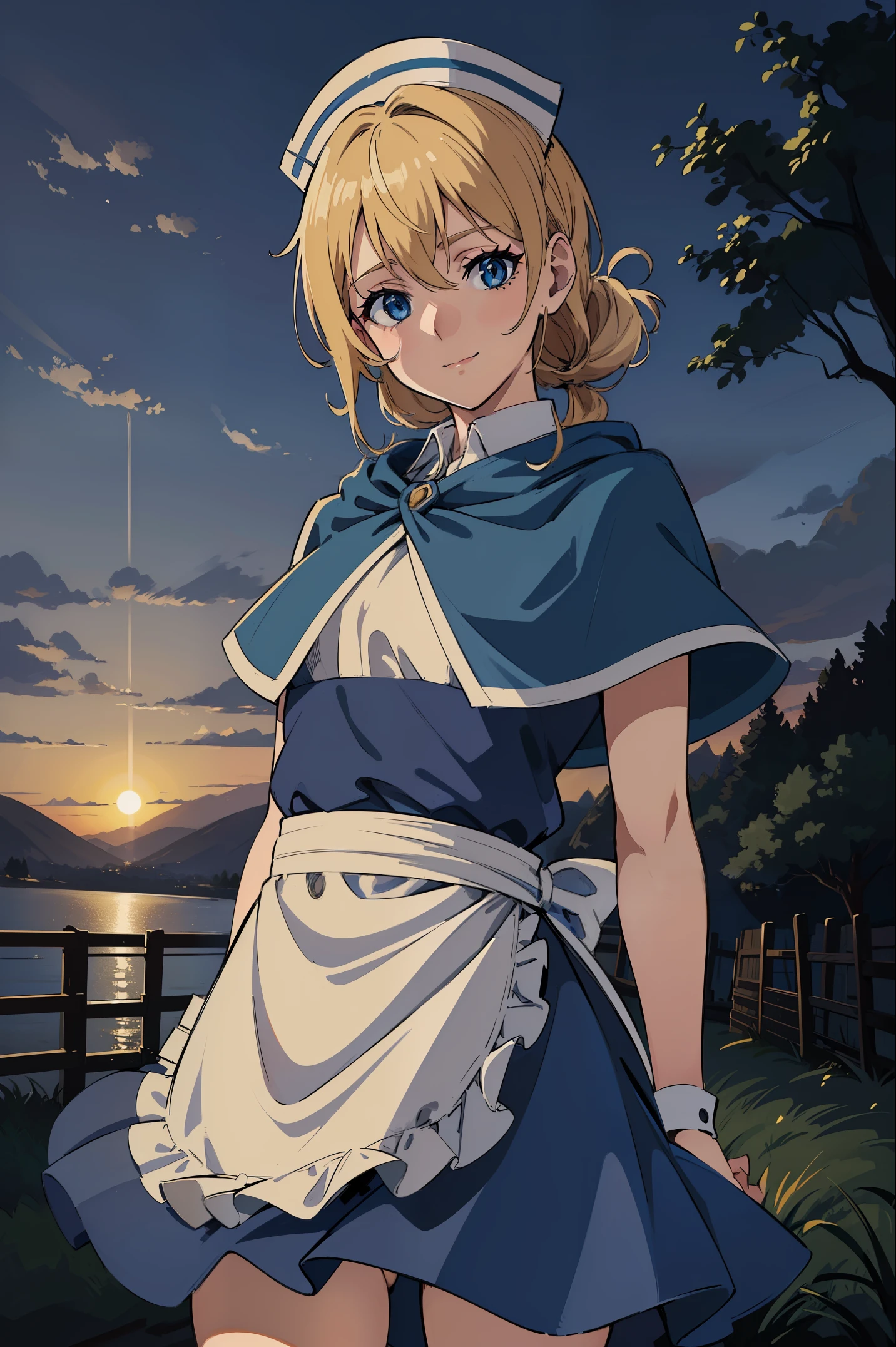 (masterpiece, flawless quality, perfect eyes, anime style:1.2), smile, ((adult, mature)), ((tied_up_hair)), 1girl, solo, closed mouth, looking at viewer, ((cowboy shot, dynamtic_shot, HD, cinematic quality, small bust)), castti, hat, blue capelet, blue dress, apron, forest, dirt_path
