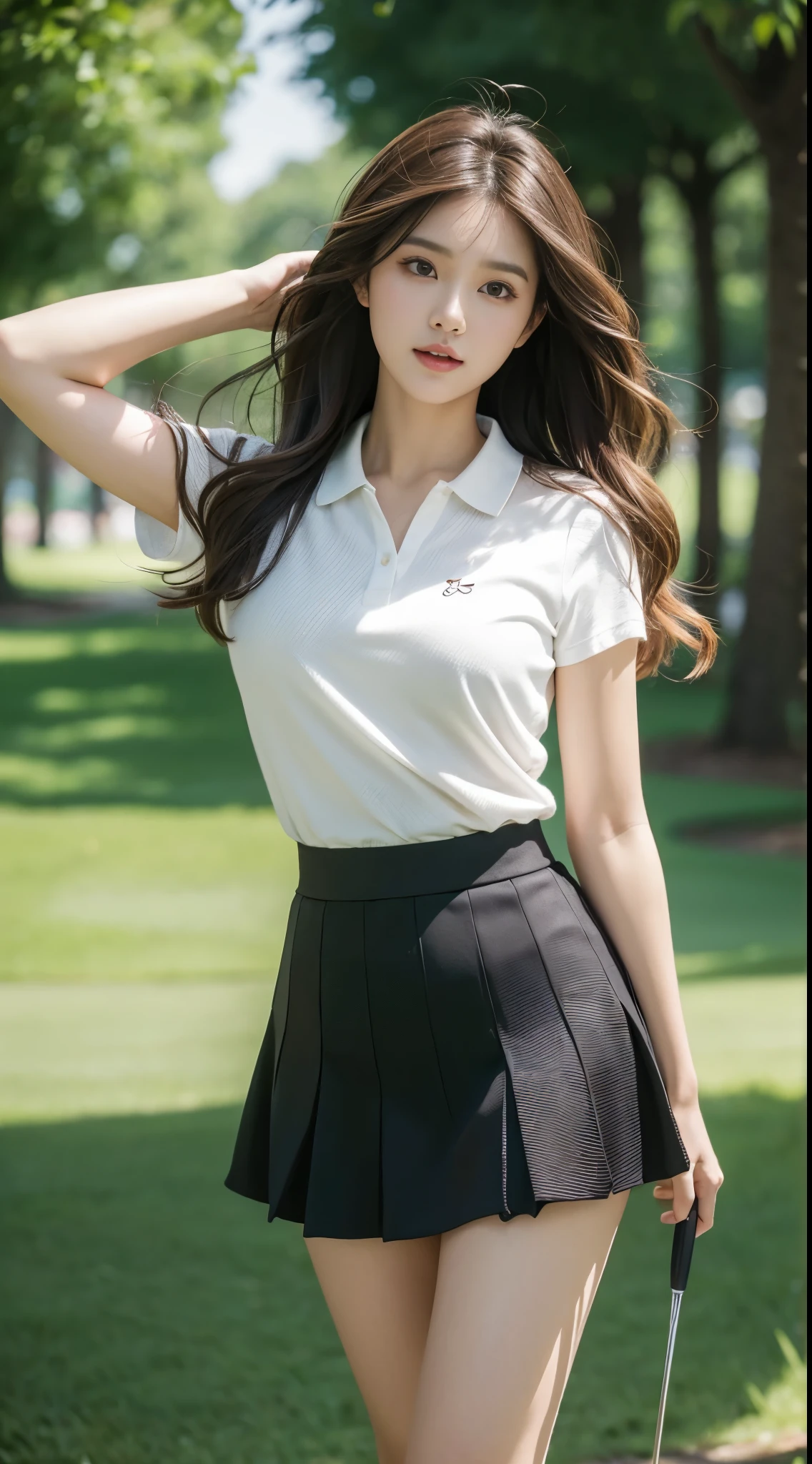 masutepiece, Best Quality, Illustration, Ultra-detailed, delicate detail, Hight Resolution, 8K wallpaper, Perfect dynamic composition、(((Thigh Viewer)))、27 years old cute girl、detailed beautiful face、Delicate and cute eyes、textured skin、flushed cheeks、shame、 (shorth hair:1.3)、(wavy brown hair )、Golfwear, Golf Mini Seeker, Medium ,、Bold sexy pose、Skirt swaying in the wind,