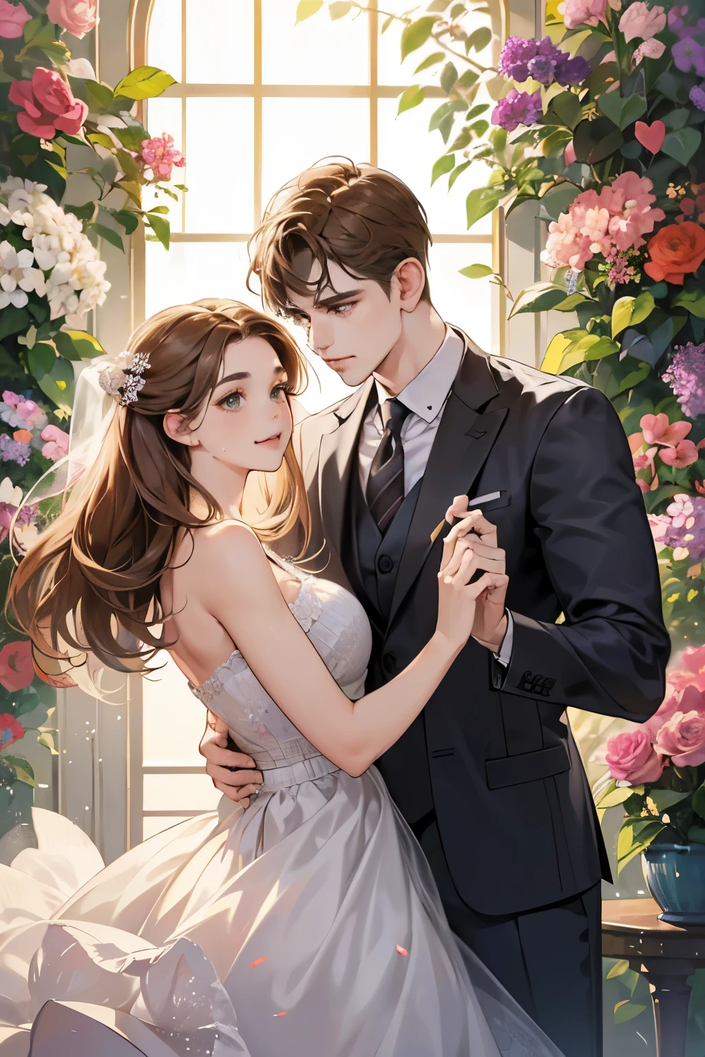 (table top, digital art, digital illustration, 4K, 8K, super detailed, beautiful images, clear image, realistic, RAW photo, perfect face, perfect lines, perfect eyes, soft lighting) 1 female, (light brown hair,chignon hair,innocent look,droopy eyebrows,drooling eyes,With a round face,Round jaws、innocence,cute,Big eyes,natural makeup,smile gently,E cup,23 year old female:1.3),Two handsome men in suits, (human,Men in suits,muscular,Firm shoulder width, mannish hairstyle,A man in his 30s with a cool expression,28-year-old man with bright smile:1.2),flower shop,flower shopの店先で,Flower Cottage,colorful flowers,lots of flowers、men and women dancing pop dance、fly and bounce lightly、Let's dance in a circle