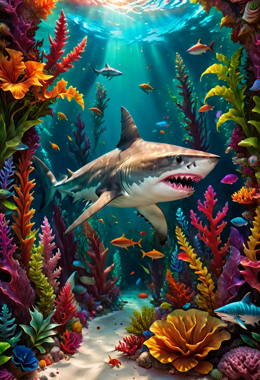 surrealistic artwork, side view of a Shark, submerged in water, surrounded by vibrant fantasy plants and corals, vivid colors, composition highlights the unique features, high clarity, (best quality, masterpiece, Representative work, official art, Professional, 8k:1.3)