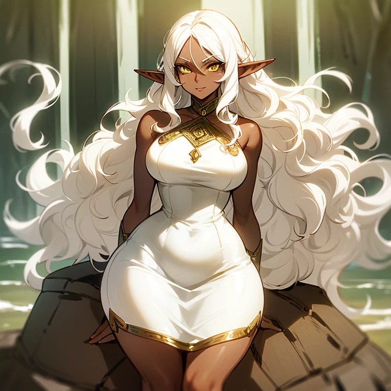 (((An elf milf woman alone))),(((Dark Skin))),(((yellow eyes))),(((wavy white hair))),((curvy body)), (((nice dress)))