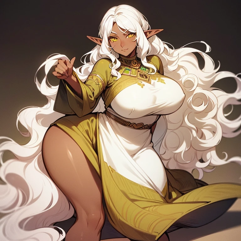 (((An elf milf woman alone))),(((Dark Skin))),(((yellow eyes))),(((wavy white hair))),((curvy body)), (((nice dress)))