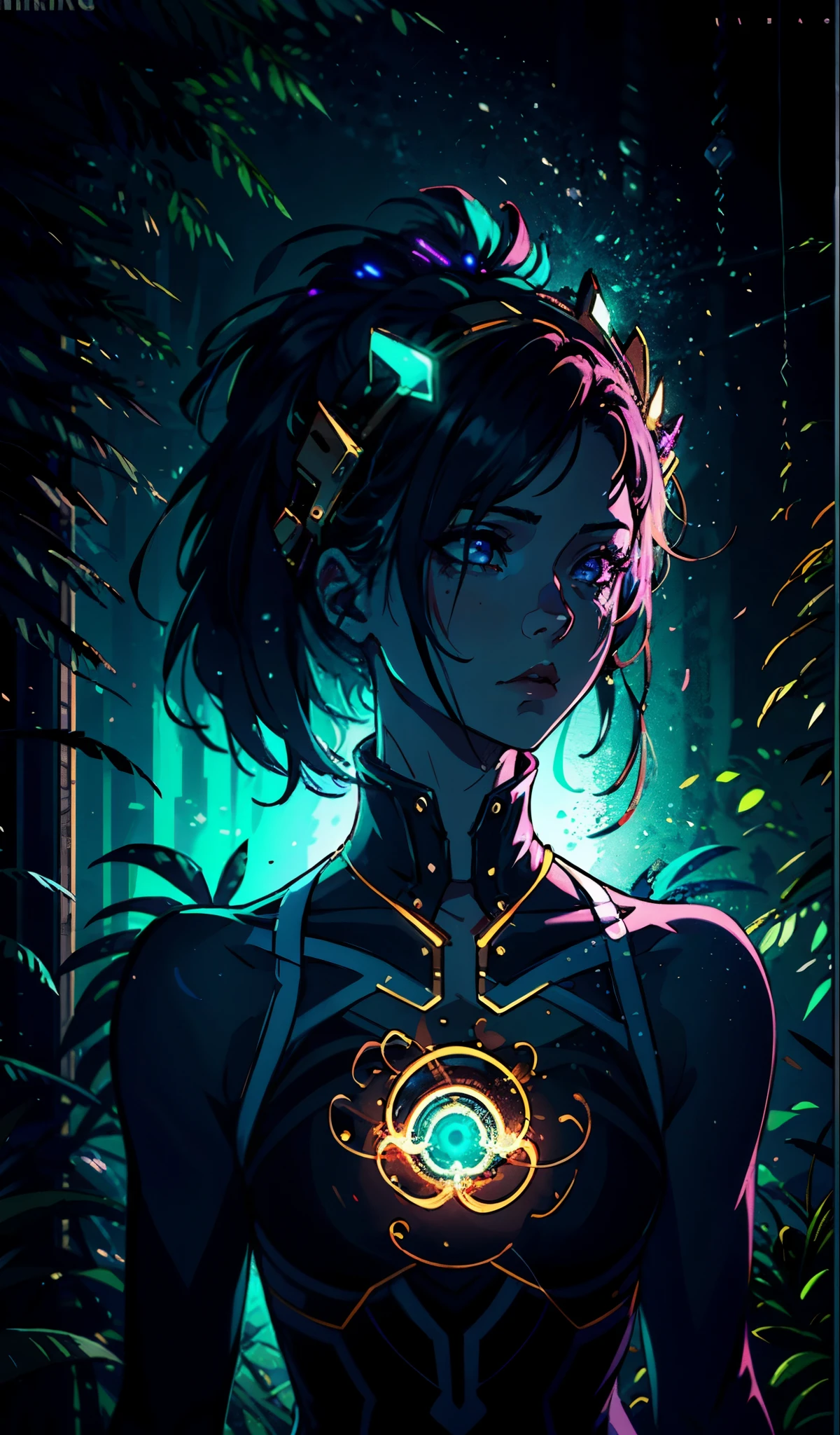 portrait | wide angle shot of eyes off to one side of frame, lucid dream-like woman, looking off in distance ::8 style | daydreampunk with glowing skin and eyes, styled in headdress, beautiful, she is dripping in neon lights, very colorful blue, green, purple, bioluminescent, glowing ::8 background | forest, vivid neon wonderland, particles, blue, green, purple ::7 parameters | rule of thirds, golden ratio, assymetric composition, hyper- maximalist, octane render, photorealism, cinematic realism, unreal engine, 8k