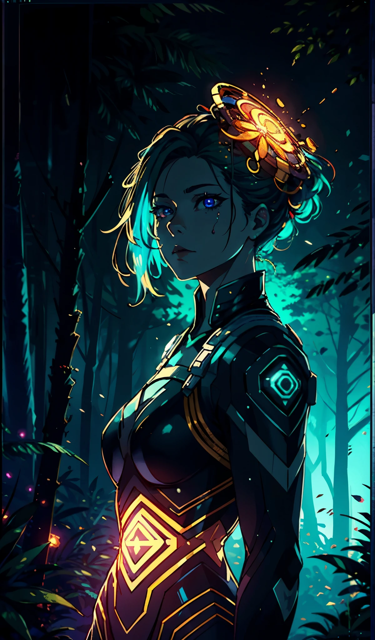 portrait | wide angle shot of eyes off to one side of frame, lucid dream-like woman, looking off in distance ::8 style | daydreampunk with glowing skin and eyes, styled in headdress, beautiful, she is dripping in neon lights, very colorful blue, green, purple, bioluminescent, glowing ::8 background | forest, vivid neon wonderland, particles, blue, green, purple ::7 parameters | rule of thirds, golden ratio, assymetric composition, hyper- maximalist, octane render, photorealism, cinematic realism, unreal engine, 8k