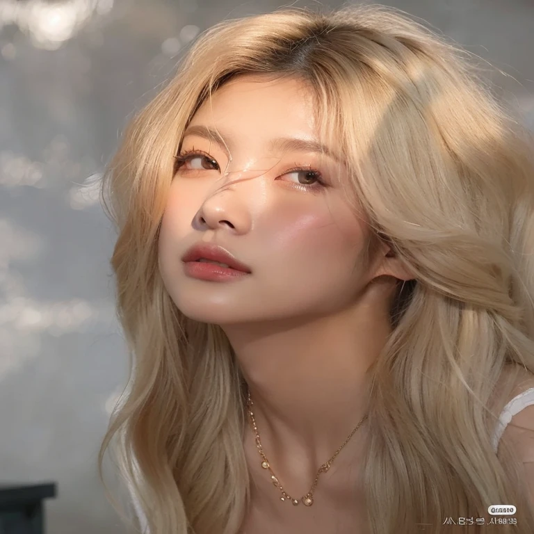Blonde woman with long hair and a necklace looking at the camera., maquillaje popular de corea del sur, heonhwa choe, una chica con cabello rubio, sakimichan, parque roseanne de blackpink, peinado de corte hime blanco, female korean idol portrait, maquillaje coreano popular, hermosa mujer surcoreana, jisoo de blackpink, seulgi de red velvet