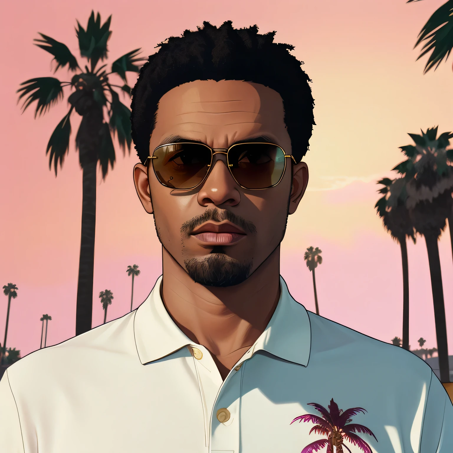 Portrait of 28-years-old black man, white polo shirt with palm trees patterns, with gold sunglasses, GTAV style, pink sunset