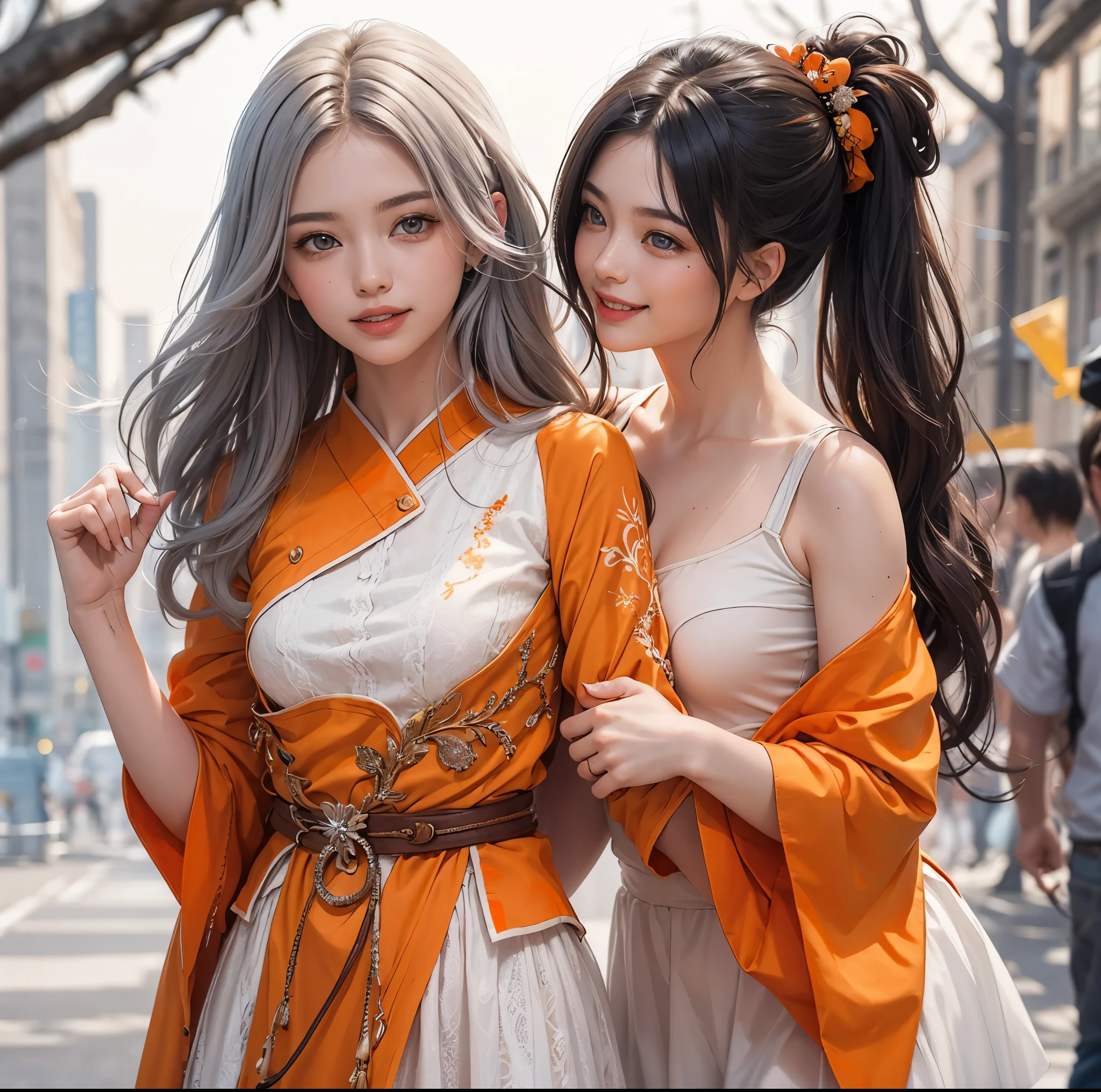 (illustration:1.2), (official art), (gorgeous, elegant, luxury), (beautiful still life painting art), ultra detailed, beautiful, masterpiece, best quality,
_
BREAK (1girl:1.2), 22 years old, 160 cm, Japanese cute model, Tightened all body, medium Breasts, small head, small face, diamond Face, small nose, Sharp Faceline, Detailed face, Detailed eyes, young hands and fingers, beautiful hands and fingers, five fingers,
_
BREAK (happy, smile, Glossy Lips:1.4), (Light color lips, Half open mouth, beautiful Teeth:1.2), (dropy eyes, Double eyelid, light color eyes, Shiny eyes:1.5), Shiny skin,
_
BREAK (arranged hairstyle:1.6), (gray hair:1.2), shiny hair, Detailed hair,
_
BREAK (White and orange theme:1.7), (cute white background), (blurry background:1.7),
_
BREAK (cowboy shot:1.7), (idol pose:1.2),
_
BREAK (idol "SOUTH WIND" costume theme:1.4), Running through the crowd at full speed,
Holding hands, we laughed together,
Your hair, dyed in the sunset,
Carried the scent of mandarins,
BREAK
On this unknown path,
Riding the southern wind, we dash through,
To seize freedom,
Now, it begins,
BREAK
Mikan Revolution,
The heart running towards a shining future can't be stopped,
Shout out, this voice, to the limits,
Because there's nothing left to lose,