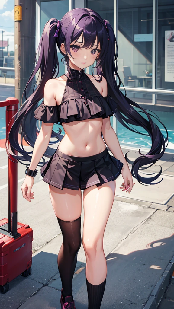 young girl, long dark purple or black hair, purple eyes, I can see your stomach,swimsuit、thighs,knee high socks,short sleeve, masterpiece, high quality, High resolution, HD, 4K、thighsから上のカット、beautiful eyes、twin tails、Upper body、sexy