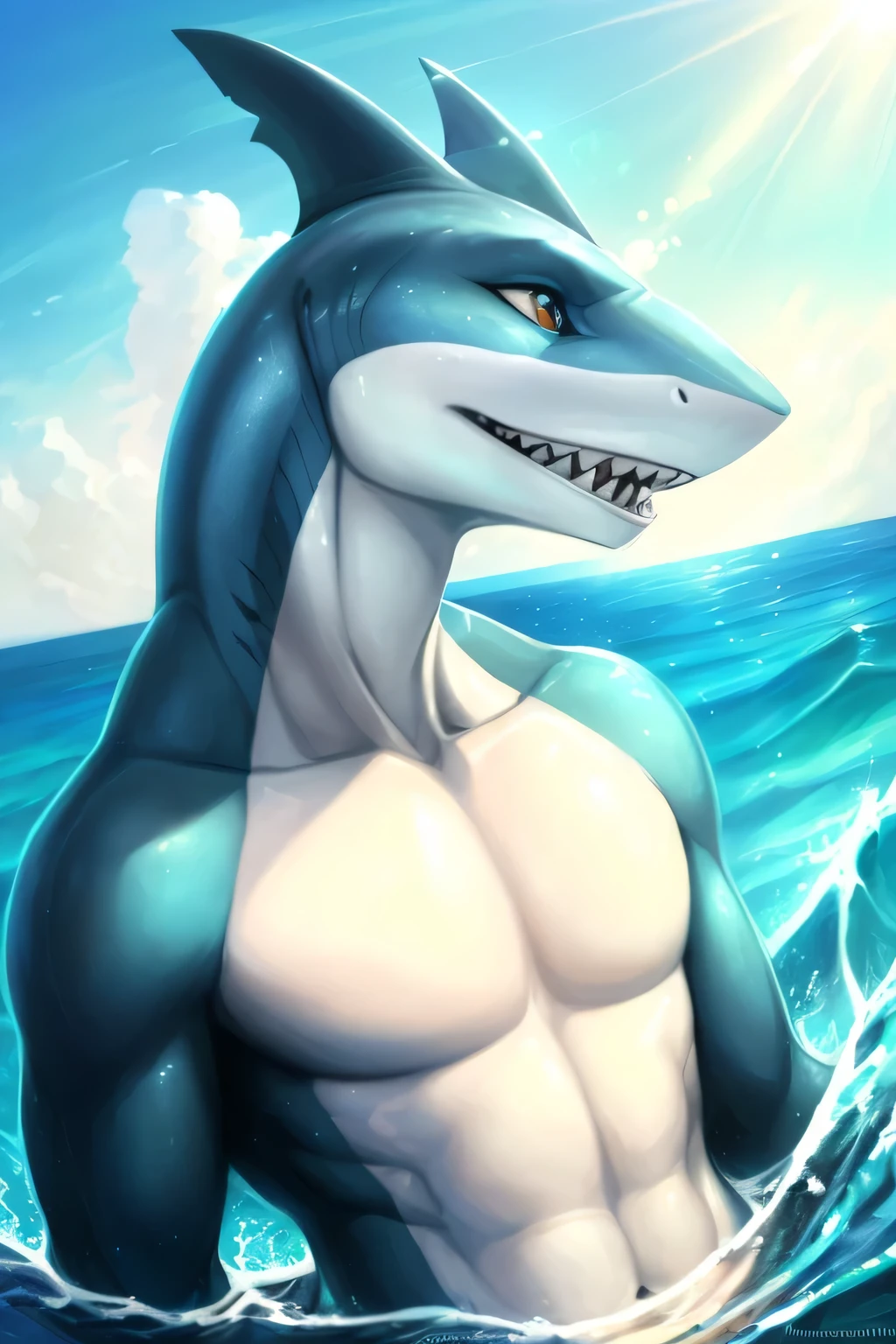 anything,(shark, finless shark), the second,4 fingers, Ojos azul watermarina, White shirt, masculine, muscular, muscular the second, muscular masculine, cola, outside, plant, light blue body, mar, Alone, tree, (water), decolaed background,por milkytiger1145,By Takemoto Arashi,by null ghost, cold atmosphere, open smile, nude soft blue blush, nude, penis