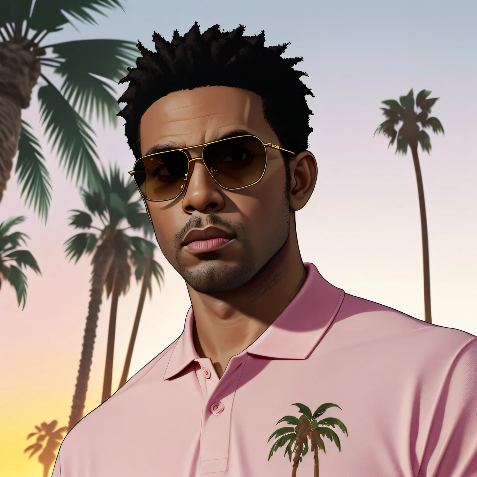 Portrait of 28-years-old black man, white polo shirt with palm trees patterns, with gold sunglasses, GTAV style, pink sunset