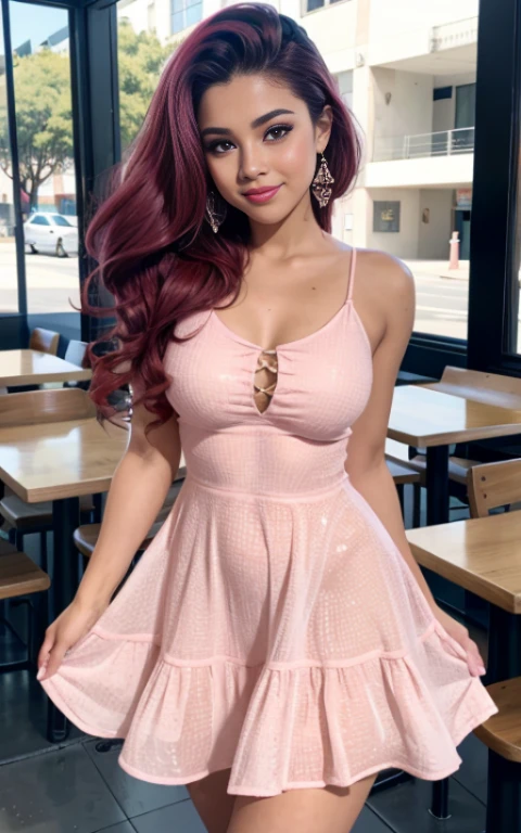 (La mejor calidad, Obra maestra), 1girl, 15 year old , brillar, vestido, Particle, viento, Flor, Parte superior del cuerpo, fondo , Mirada seductora , cabello largo , vestido ligero de verano con escote , vestido de fiesta , maquillaje , labios rojos , sombra de ojos , gran sonrisa , fondo variado , cafeteria , senos grandes , cabello rosa esponjoso , cabello rosado , pelo rosa esponjoso, foto de cuerpo completo , posando linda , senos grandes , pinkie Pie ,mlp