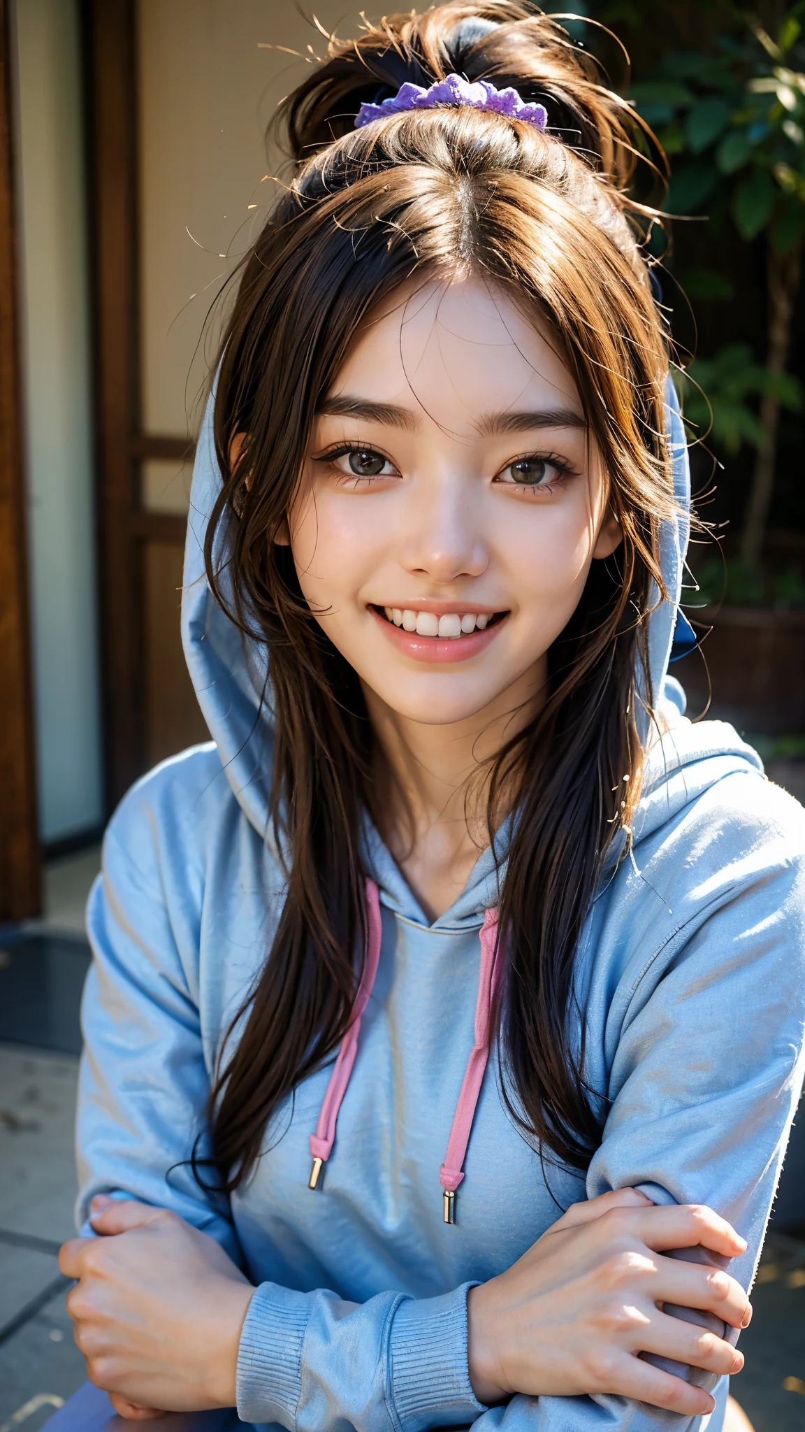 highest quality, masterpiece, ultra high resolution, (realistic:1.4), (close portrait) Raw photo, 1 girl, high school girl, (((Larger hoodie))),((wearing a hood)), ((spoiled face)),masterpiece, realistic pictures, japanese pictures, fuji negative film, saturation, contrast, Pocari Sweat Advertisement ,((smiling showing teeth)),Ponytail and scrunchie、