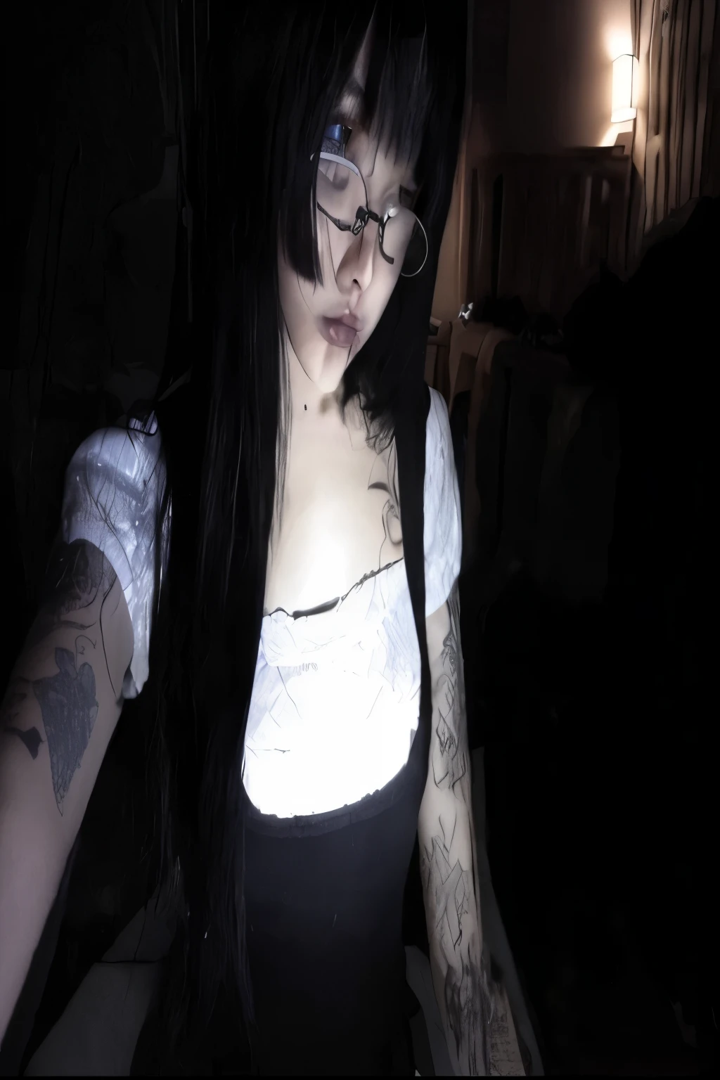 Woman with glasses and a white shirt in a dark room, cruel korean goth girl, 1 7 - year - old goth girl, pale gothic beauty, with black braids, 1 7 - year - old anime goth girl, tall estudante de arte emo feminina, corte de cabelo preto hime, goth girl, estudante de arte emo feminina, ela tem cabelo preto com franja