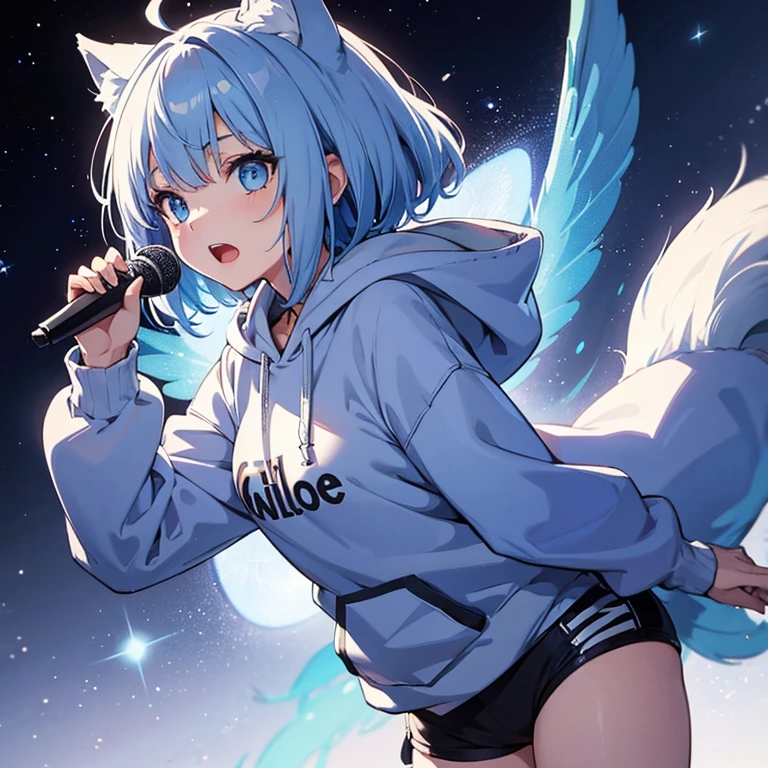 null,Milky Way, neutral character,Two-dimensional beautiful girl, one person,blue hair, animal ears, blue eyes, wing, bangs, wolf cut, medium hair,Big hoodie,singing