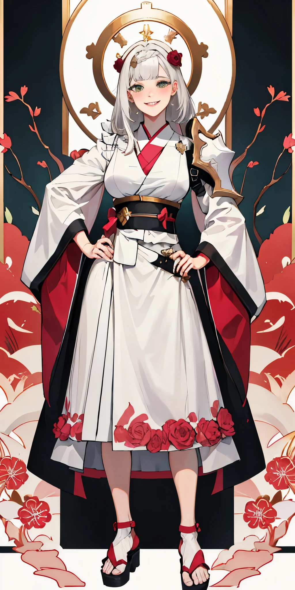 Female, standing, straight, long_hair, messy_hair, white_hair, kimono with armor, metal sandals, pink theme, big breast but cover, hands to hip, Body position: Standing, straight, symmetrical, barefoot, Lustful smile on face with red blush,