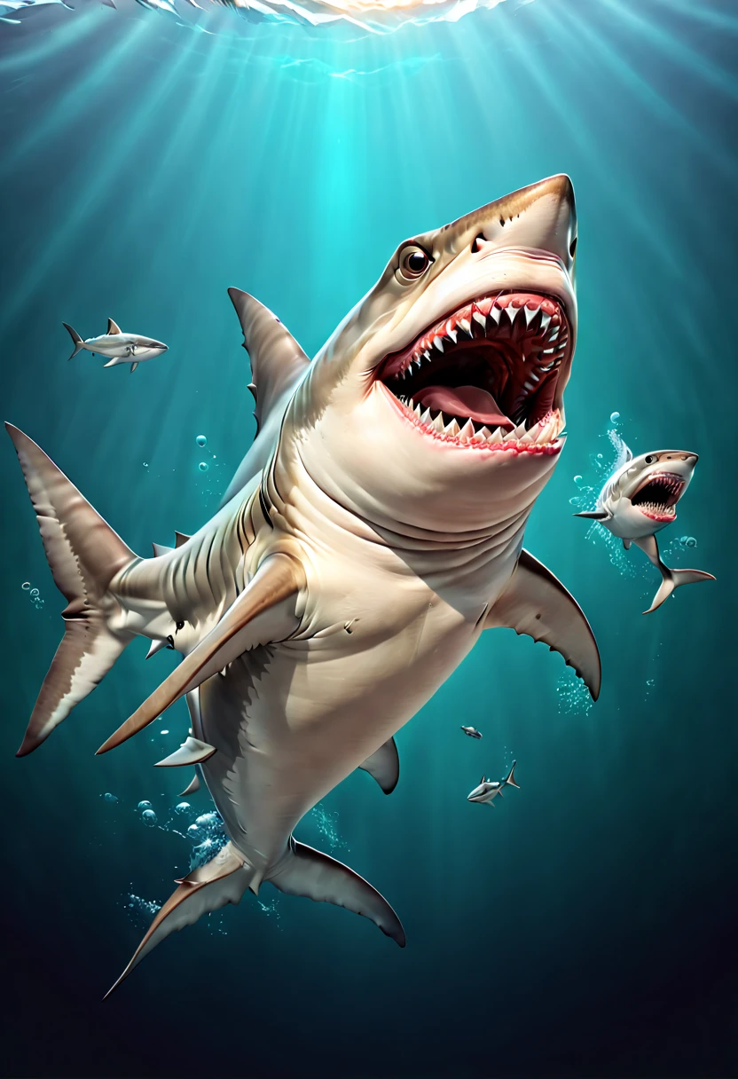 surrealistic artwork, dynamic illustration of a funny Shark, Professional design vector, impressive, conceptual art, (best quality, masterpiece, Representative work, official art, Professional, 8k wallpaper:1.3)