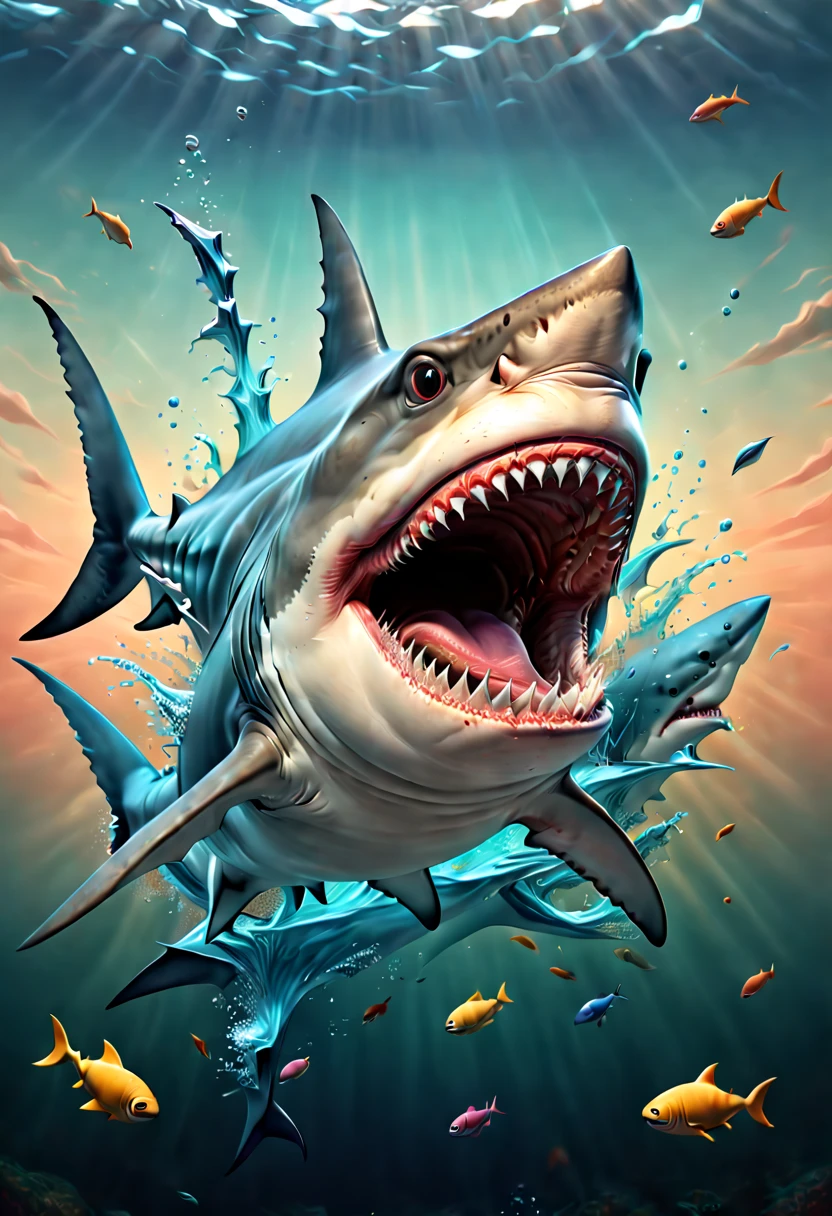 surrealistic artwork, dynamic illustration of a funny Shark, Professional design vector, impressive, conceptual art, (best quality, masterpiece, Representative work, official art, Professional, 8k wallpaper:1.3)