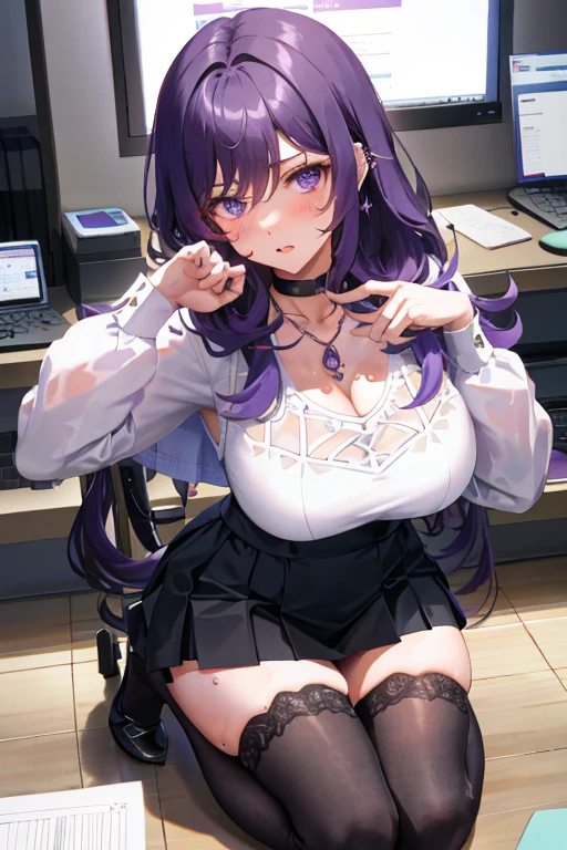 Keqing, genshin impact, 1 girl, alone, ((white shirt)), black Thighhighs, huge breasts, big breasts, cleavage, uniform, office background, black skirt, pleated skirt, office, hair between eyes, messy hair, large chest, long hair, looking at the viewer, purple hair, choker, pierce, ear piercing, lip piercing, purple short nails, purple eyes, alone, Thighhighs, thighs, very long hair, ((masterpiece)),Chair, machine, computer on machine, name tag, id tag, indoor, blush, adult woman, Ecchi Woman, open your mouth, narrow your eyes, (kneeling pose), raise your arms, Pose that shows off your armpits, sweating, Clothes are see-through,