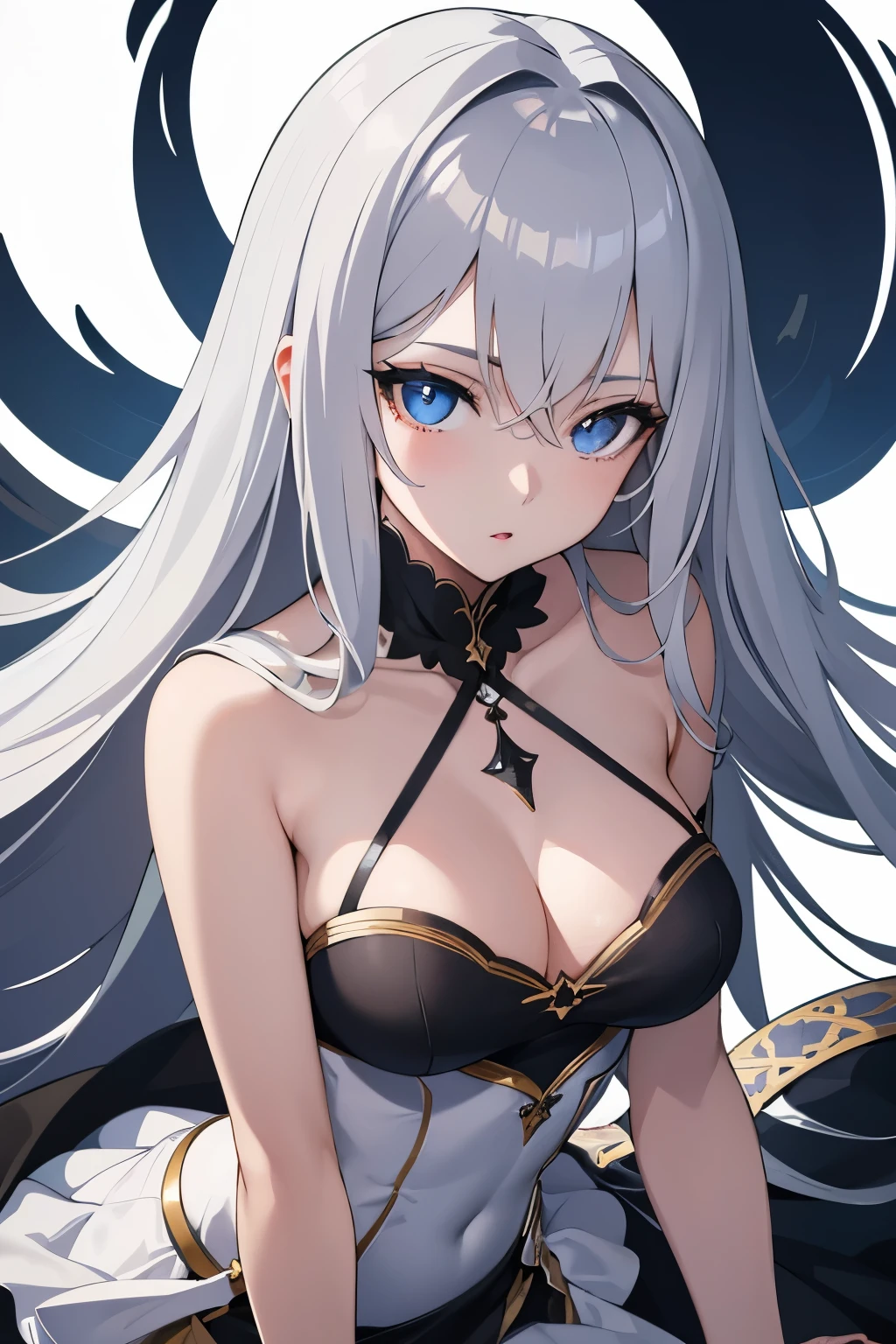 1girl, anime, cute girl, blank background, white background, fantasy, detailed dark fantasy dress with highlights, beautiful face, beautiful eyes, dark colors, silver hair, slightly small breasts, slight cleavage, beautiful skin, cute, breast curtains, extremely delicate and beautiful, (beautiful detailed face:1.0), (detailed deep eyes), symmetrical breasts, deep eyes, shiny skin, portrait, slender waist, hips wider than shoulders, thighs, young girl, expressionless, luminous eyes