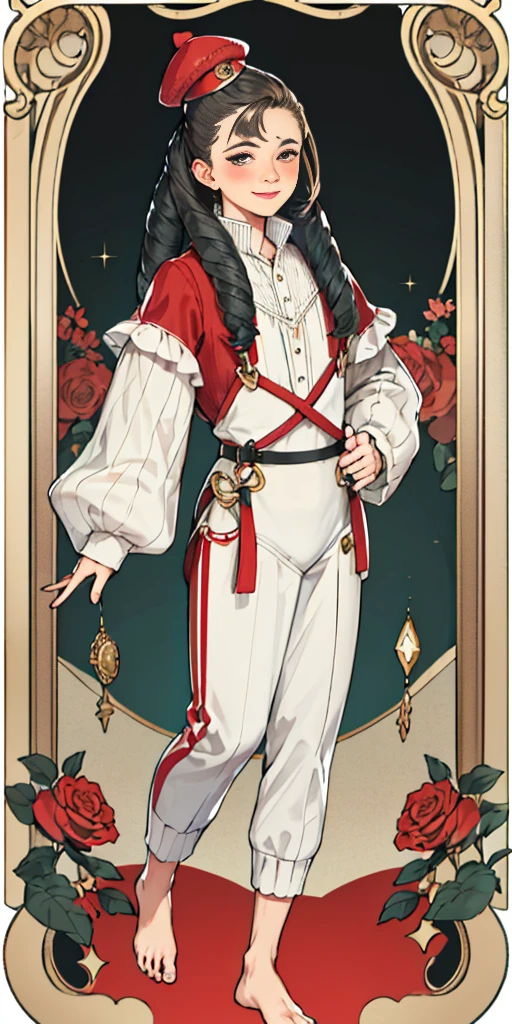 Body position: Standing, straight, symmetrical, barefoot, Lustful smile on face with red blush,