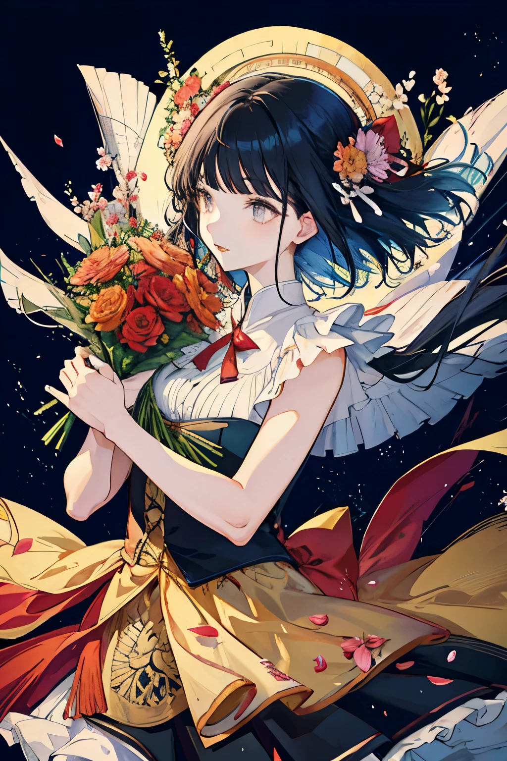 anime girl holding flowers, celebration, garden full of flowers, anime girl twirling, masterpiece, best quality, high quality, black hair girl, silky hair, grossly hair