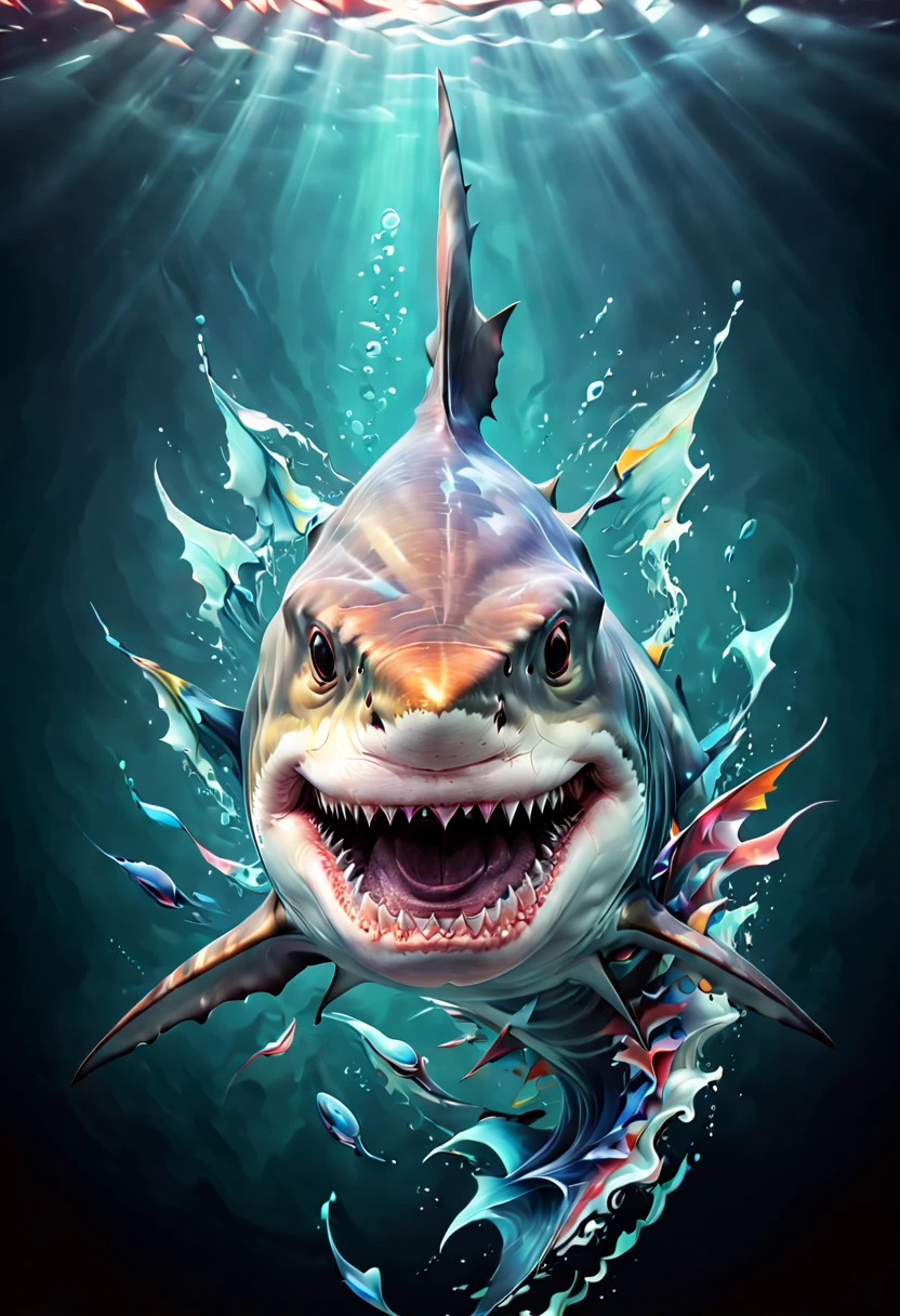 surrealistic artwork, dynamic illustration of a Shark, by anton fadeev, moody colors, crisp lines and forms, optical, imaginative character, (best quality, masterpiece, Representative work, official art, Professional, 8k wallpaper:1.3)