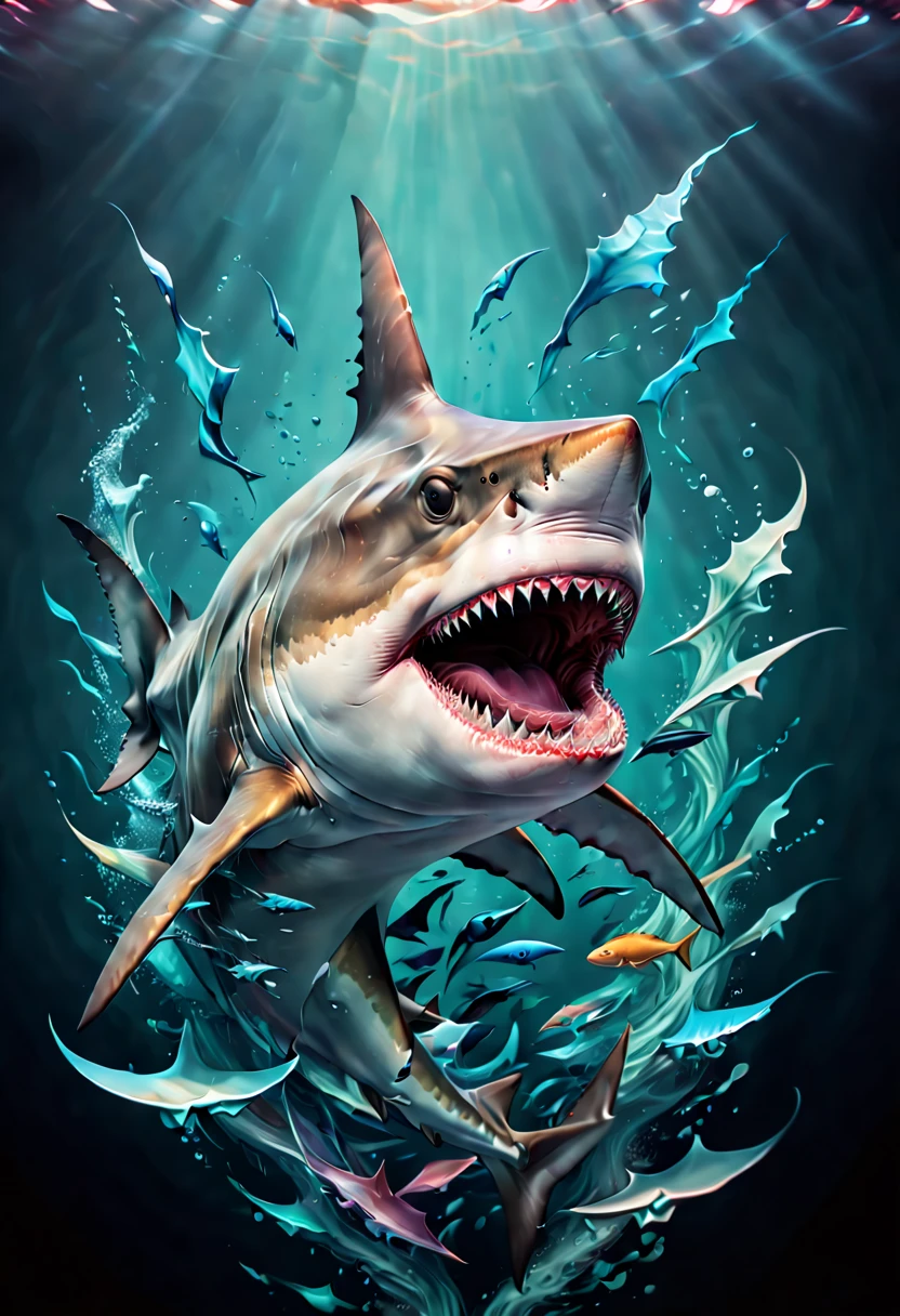 surrealistic artwork, dynamic illustration of a Shark, by anton fadeev, moody colors, crisp lines and forms, optical, imaginative character, (best quality, masterpiece, Representative work, official art, Professional, 8k wallpaper:1.3)