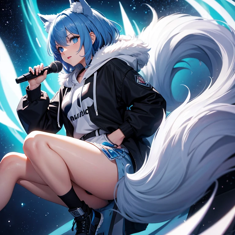 null,Milky Way, neutral character,Two-dimensional beautiful girl, one person,blue hair, animal ears, blue eyes, wing, bangs, wolf cut, medium hair,Big hoodie,singing