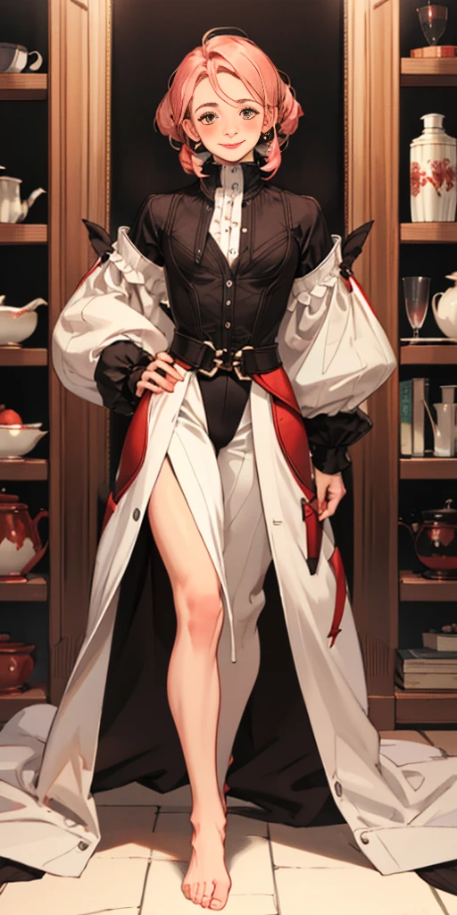 Body position: Standing, straight, symmetrical, barefoot, Lustful smile on face with red blush,