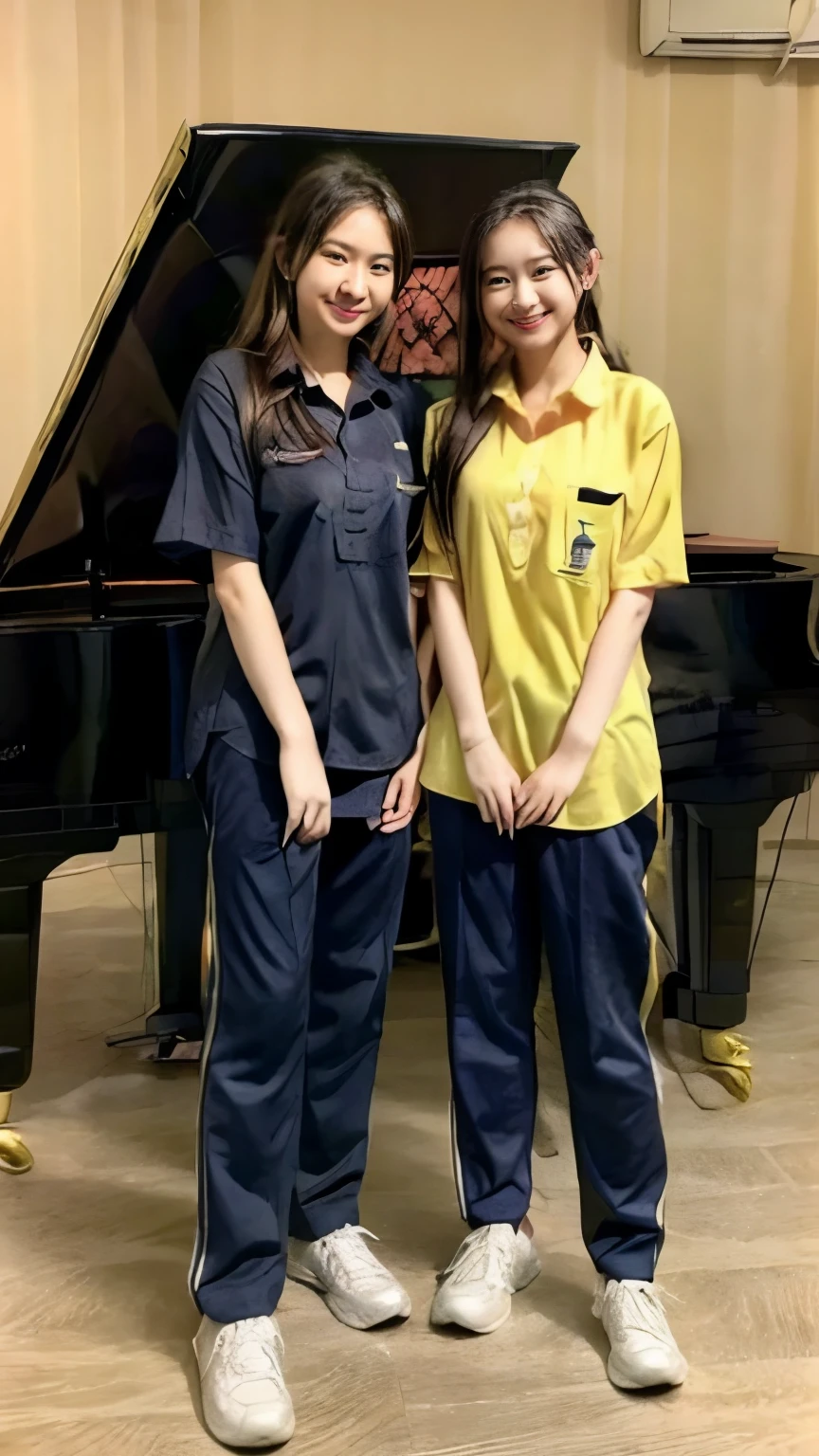 2 girls in the piano room, Navy blue short-sleeved shirt,Navy Long Trackpant, Age 25 ,fit