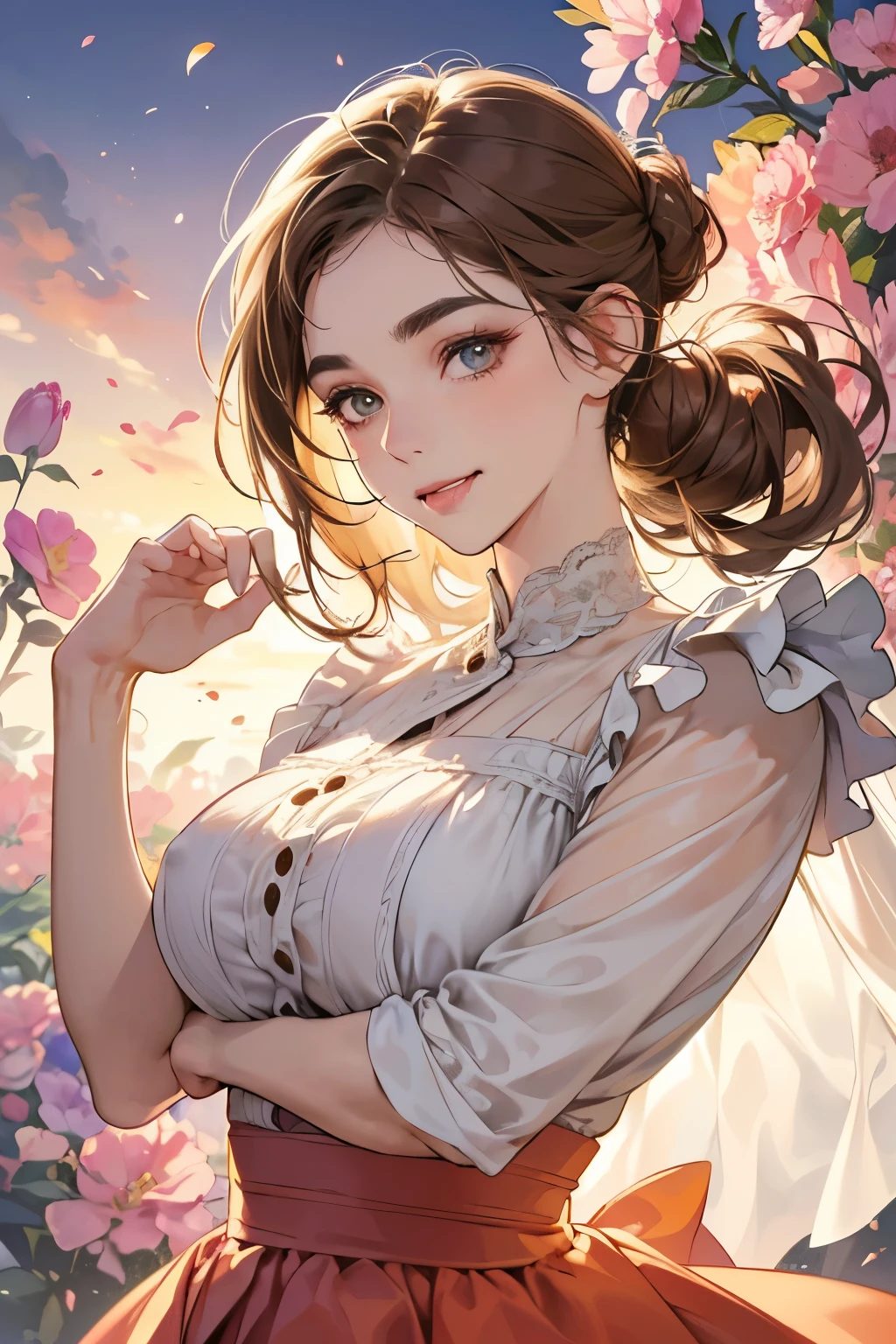 (table top, digital art, digital illustration, 4K, 8K, super detailed, beautiful images, clear image, realistic, RAW photo, perfect face, perfect lines, perfect eyes, soft lighting) 1 female, (light brown hair,chignon hair,innocent look,droopy eyebrows,drooling eyes,With a round face,Round jaws、innocence,cute,Big eyes,natural makeup,smile gently,E cup,23 year old female:1.3),Two handsome men in suits, (human,Men in suits,muscular,Firm shoulder width,  mannish hairstyle,A man in his 30s with a cool expression,28-year-old man with bright smile:1.2),flower shop,flower shopの店先で,Flower Cottage,colorful flowers,lots of flowers、men and women dancing pop dance、light、folk dance